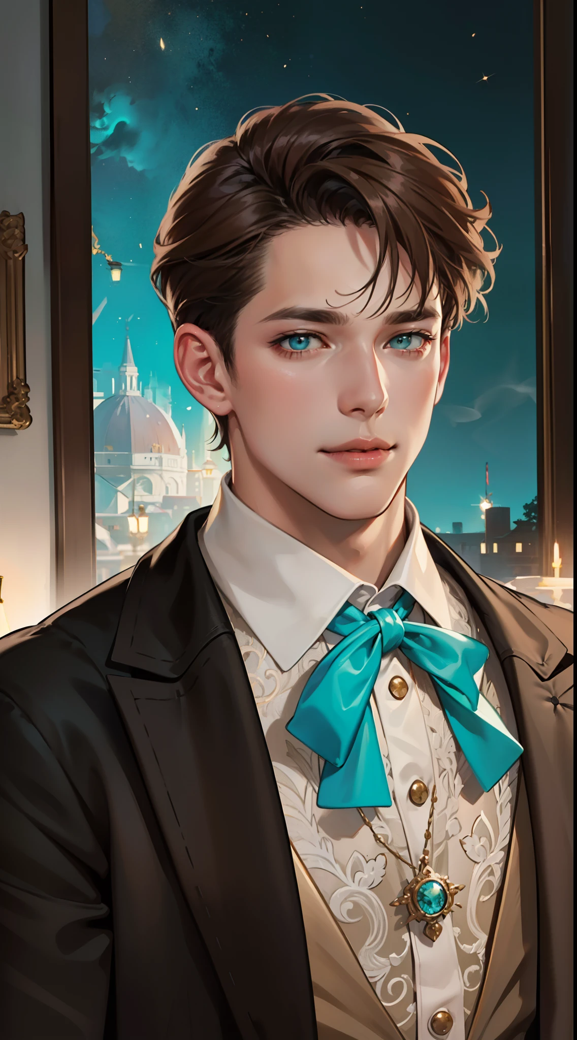 undercucho Close Portrait of Elegant Person [undercucho] in bespoke MAN suit: tall muscular man, classic style, intricate detial baroque, elegant, bright lights, highly detailed, digital painting, artstation, concept art, soft and sharp focus, portrait , illustration, art by wlop, mars ravelo and greg rutkowski (High detail skin: 1.2), 8k uhd, DSLR, soft lighting, high quality, film grain, Fujifilm XT3 mix4, male model, (((1 MAN))) suit, seductive, Florence, Italy background, (((/LOOKING AT THE VIEWER/))) ((((SHORT BROWN HAIR))) (((LONG BANGS))) (((TURQUOISE EYES))) (((DELIGHTED LOOK))), SMILE, MYSTERIOUS AURA, night, bokeh, depth of field, (upper body: 1.0), best quality, intricate details, detailed eyes, masterpiece, film grain, 1900s, kodakchrome, flashlight, strange smoke around him, MASTERPIECE