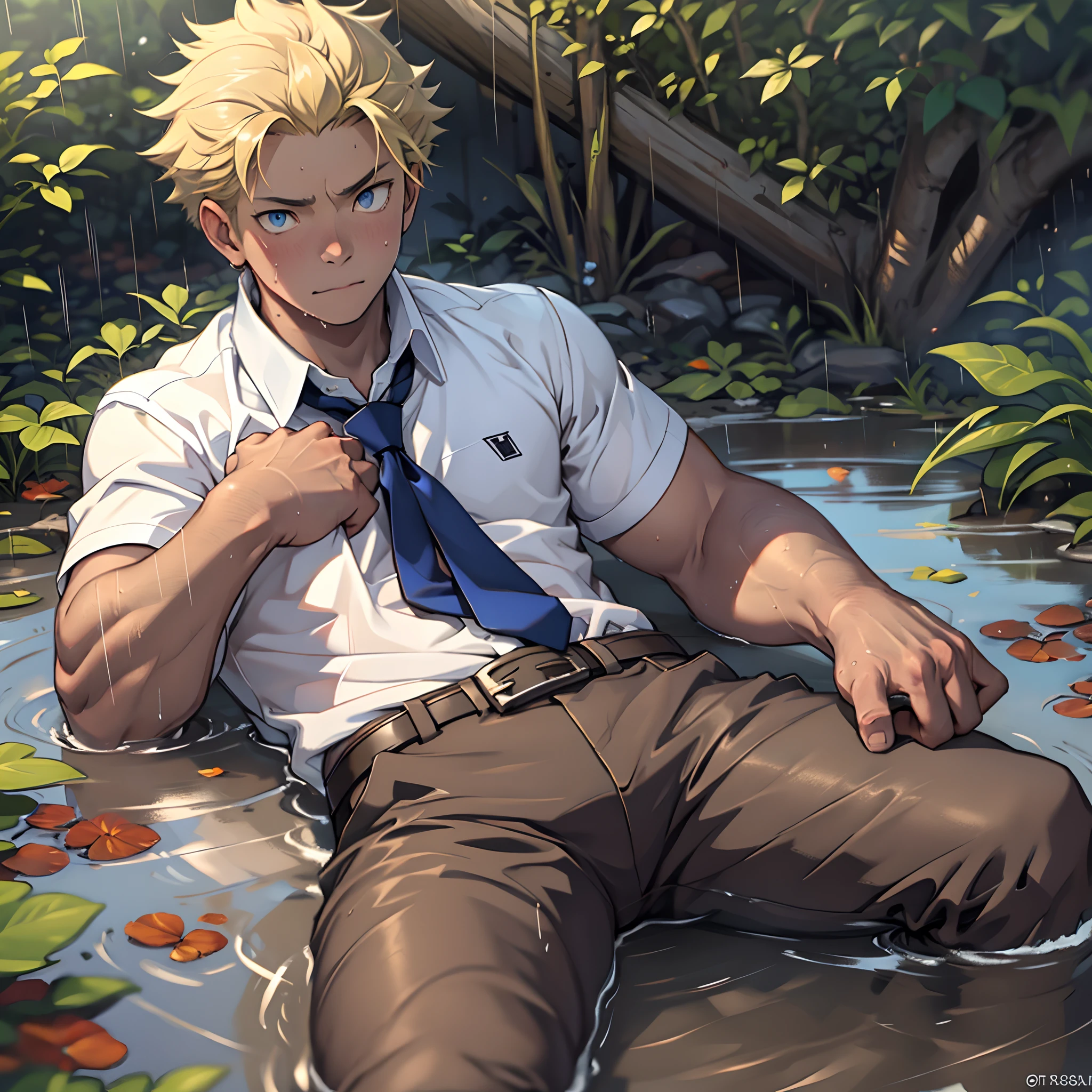 （1 Adult male），A high resolution， Sharp focus， Pixiv masterpiece， （（Complicated details））， highly  detailed， natsuki_subaru， 1 man，Lying in the mud， Lazy，full bodyesbian， blue color eyes（eyes glowing）， Short yellow hair，white  shirt，Wear a tie，Wear a belt，perspire，rain，Drenched，Sweaty crotch，look from down