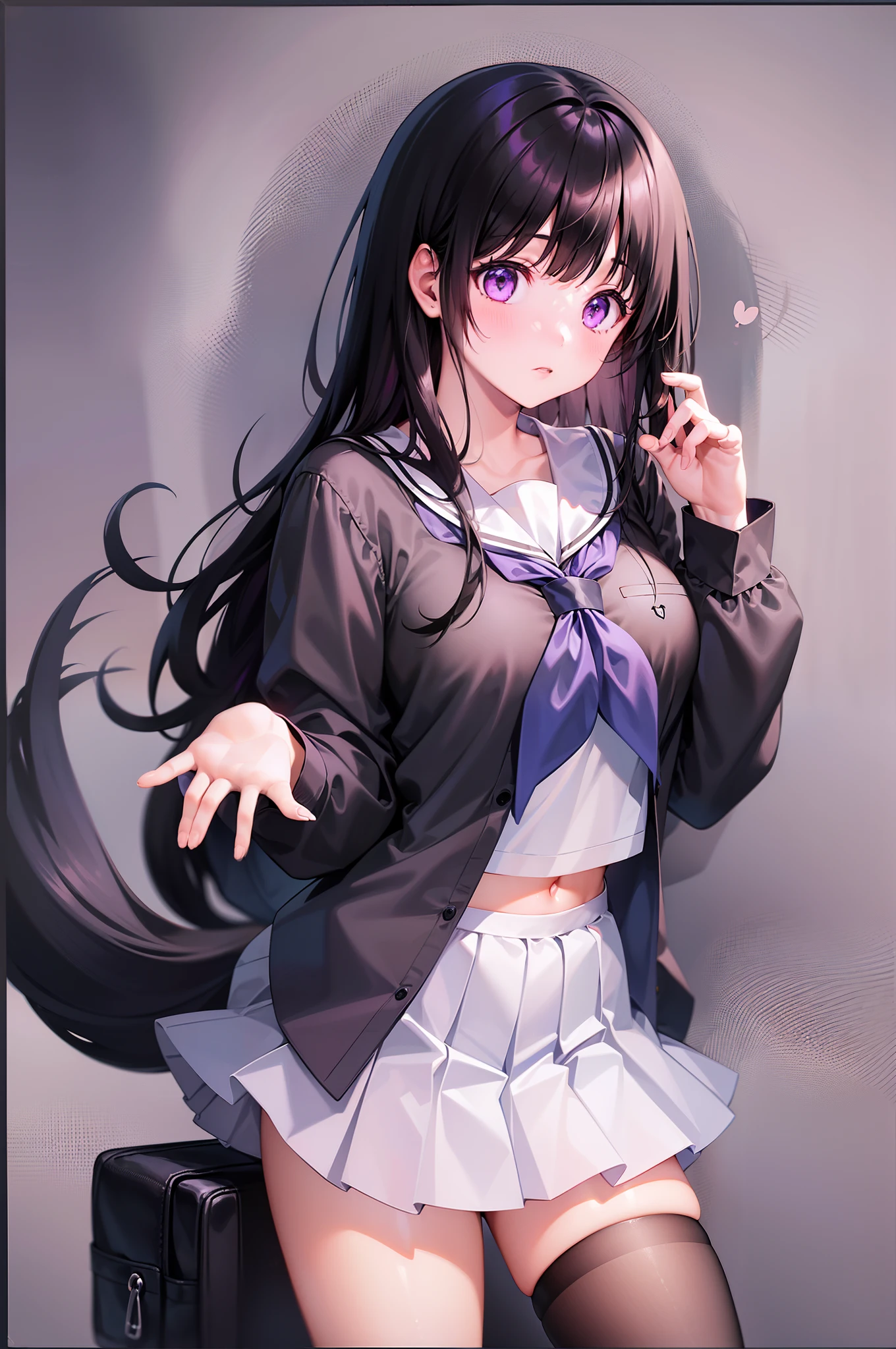 1girl, chitanda eru, long hair, black hair, , purple eyes, white shirt, white socks, pleated skirt, bangs, black sailor collar, neckerchief, black skirt, long sleeves, (shirt lift:1.2), navel, bra,