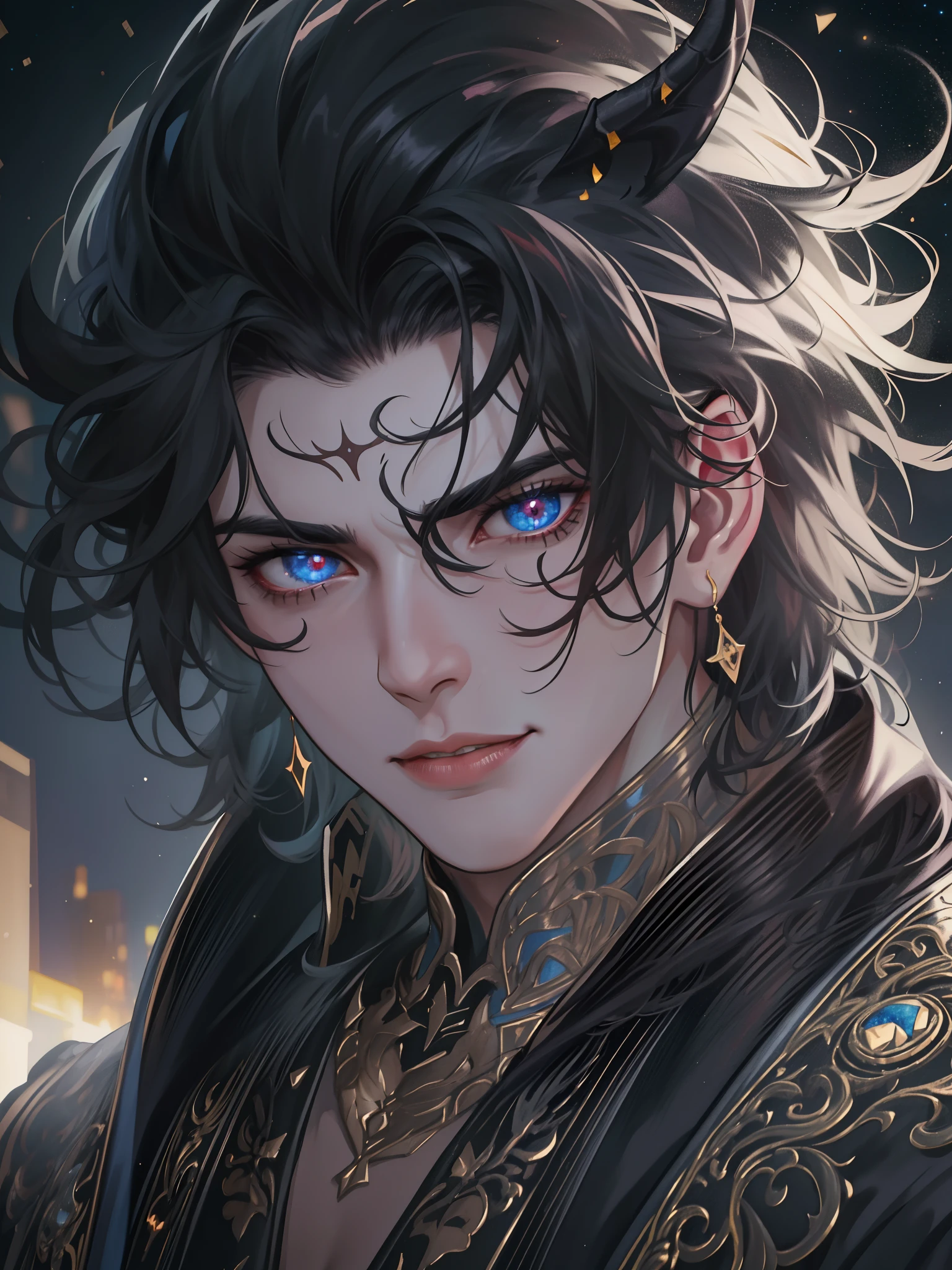 1 Male Demon World, quality photo,Black color hair,Masterpiece level,Picture-perfect face,Intricate details,night sky background,32K Ultra HD,Cinematic lighting,glitter effects,Handsome,with fair skin，sideface，Face portrait