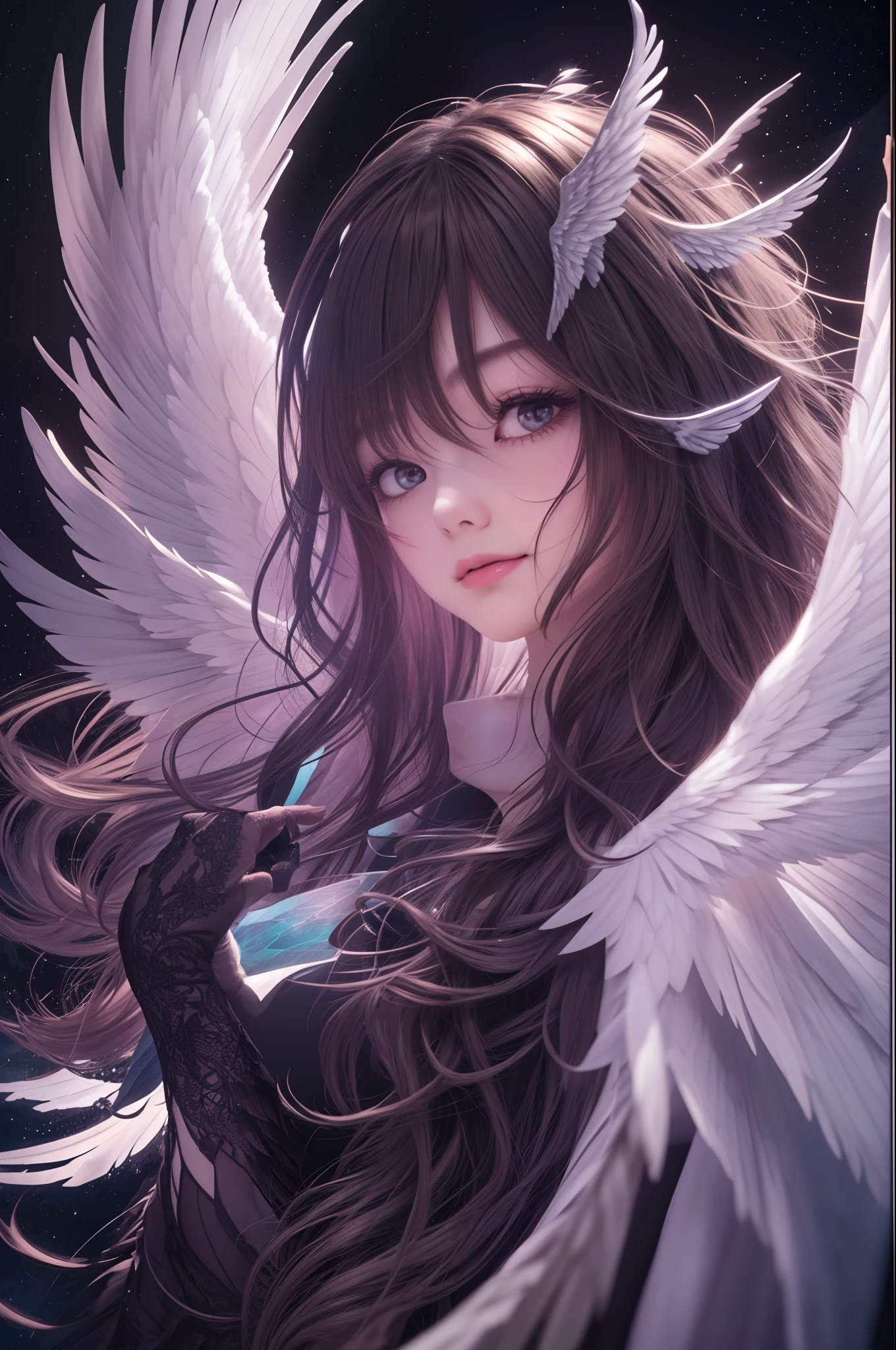 maiyan,(extremely detailed CG unity 8k wallpaper,masterpiece, best quality, ultra-detailed, beautiful detailed eyes:1.2),best illumination,dark night,moonlight,(best shadow, an extremely delicate and beautiful, bloom), ((a dark angel,hair ornamen,dark eyes,long hair,angel wings,black wings)),smirk,oversized wings,(big wings:1.4),dramatic,cinematic,Film filter,