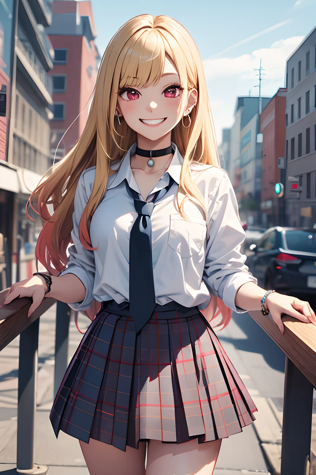 masterpiece, best quality, highres, kitagawa marin, 1girl, blonde hair, long hair, multicolored hair, red eyes, jewelry, earrings, piercing, school uniform, white shirt, tied shirt, black choker, blue necktie, plaid skirt, grin, smile, standing, cowboy shot, outdoors,