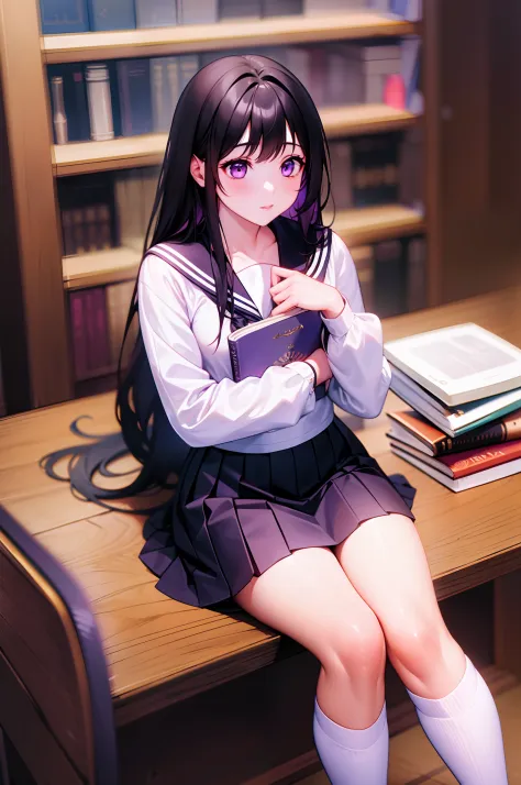 1girl in,Eru Sentanda, The long-haired, A dark-haired, student clothes, Purple Eye, White shirt, knee high, White socks, pleated...