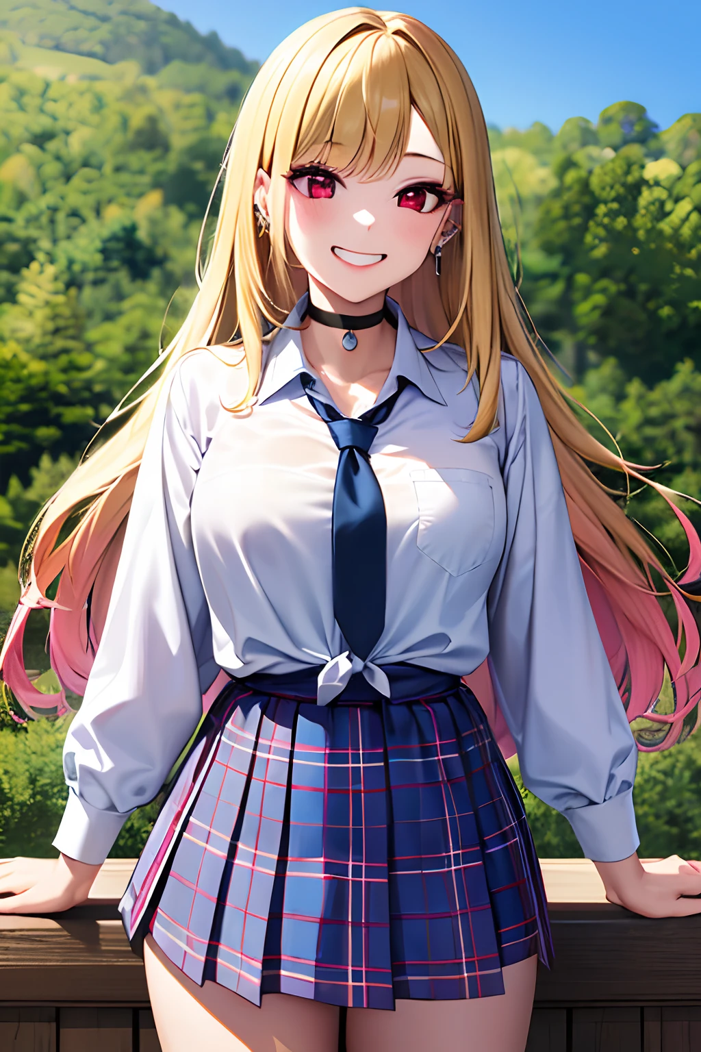 masterpiece, best quality, highres, kitagawa marin, 1girl, blonde hair, long hair, multicolored hair, red eyes, jewelry, earrings, piercing, , white shirt, tied shirt, black choker, blue necktie, plaid skirt, grin, smile, standing, cowboy shot, outdoors,