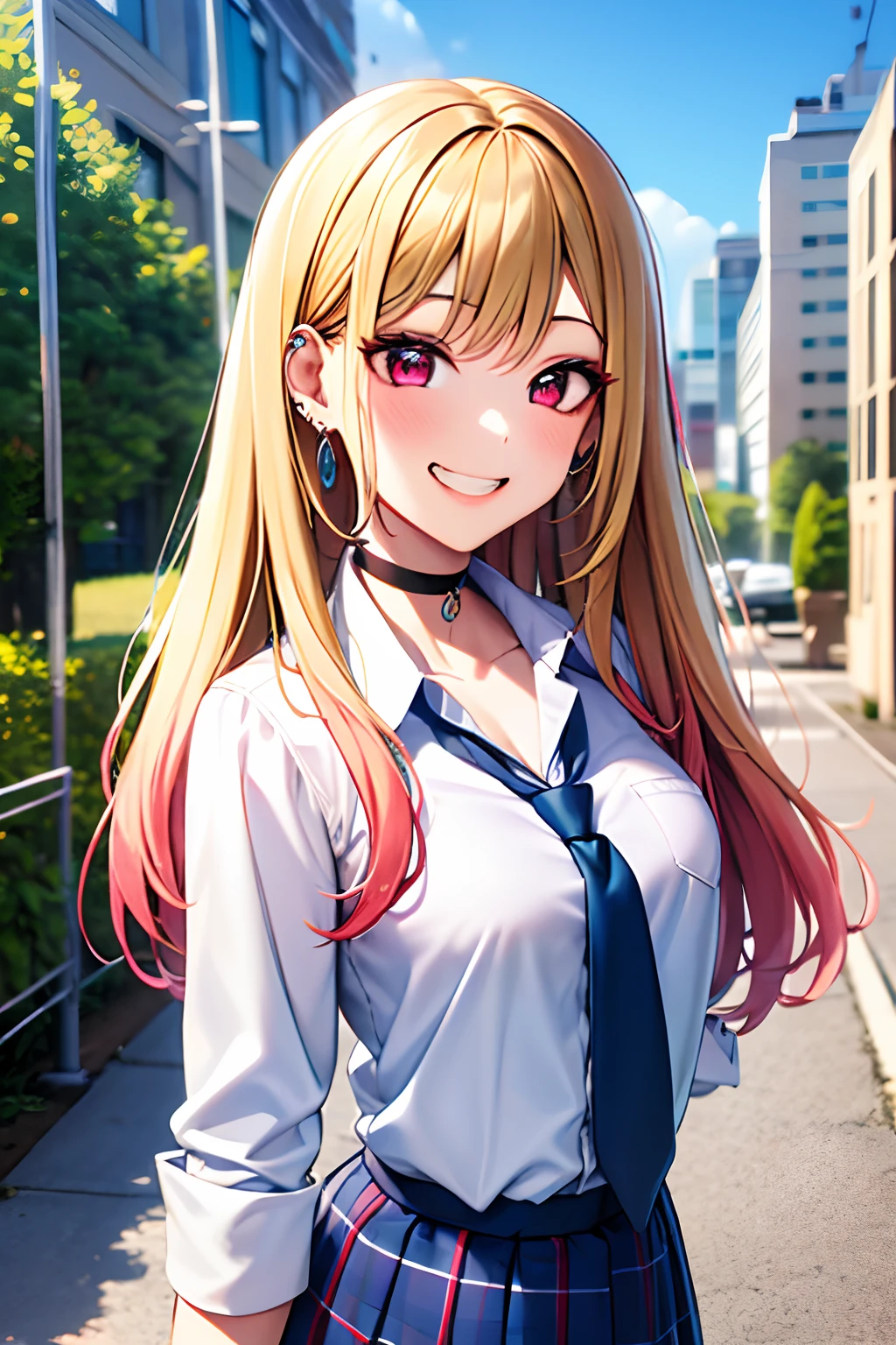 masterpiece, best quality, highres, kitagawa marin, 1girl, blonde hair, long hair, multicolored hair, red eyes, jewelry, earrings, piercing, , white shirt, tied shirt, black choker, blue necktie, plaid skirt, grin, smile, standing, cowboy shot, outdoors,