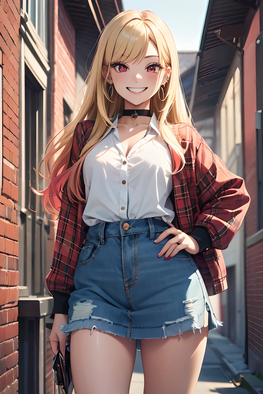 masterpiece, best quality, highres, kitagawa marin, 1girl, blonde hair, long hair, multicolored hair, red eyes, jewelry, earrings, piercing, Top,jeanes, black choker, plaid skirt, grin, smile, standing, cowboy shot, outdoors,