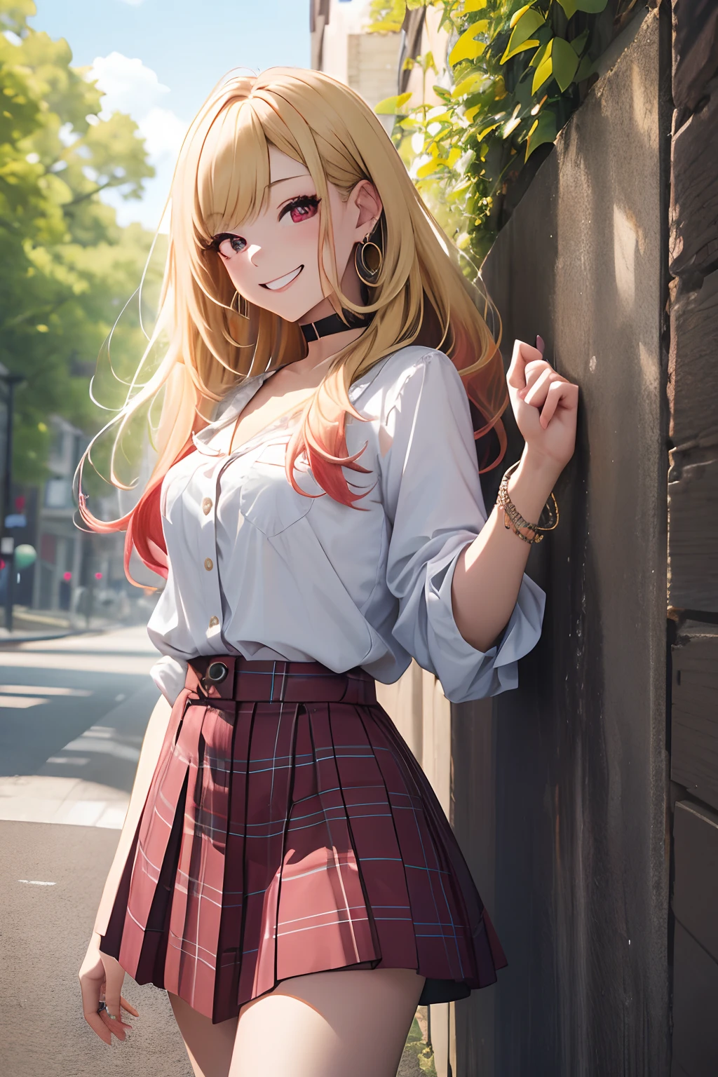 masterpiece, best quality, highres, kitagawa marin, 1girl, blonde hair, long hair, multicolored hair, red eyes, jewelry, earrings, piercing, Top,jeanes, black choker, plaid skirt, grin, smile, standing, cowboy shot, outdoors,