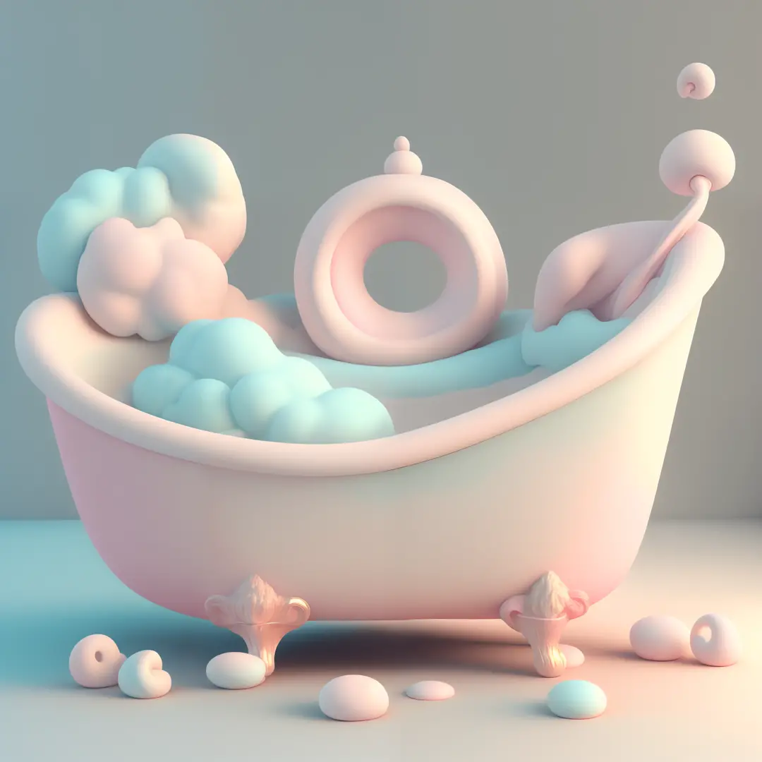 3D model, furniture design, breakdown modeling, bathtub, candy, cream, breakdown design, soft color, cloud, romantic, complex texture, abstract style, fairytale style, dreak down drawing, compostion of many matching furniture, white background, poster styl...