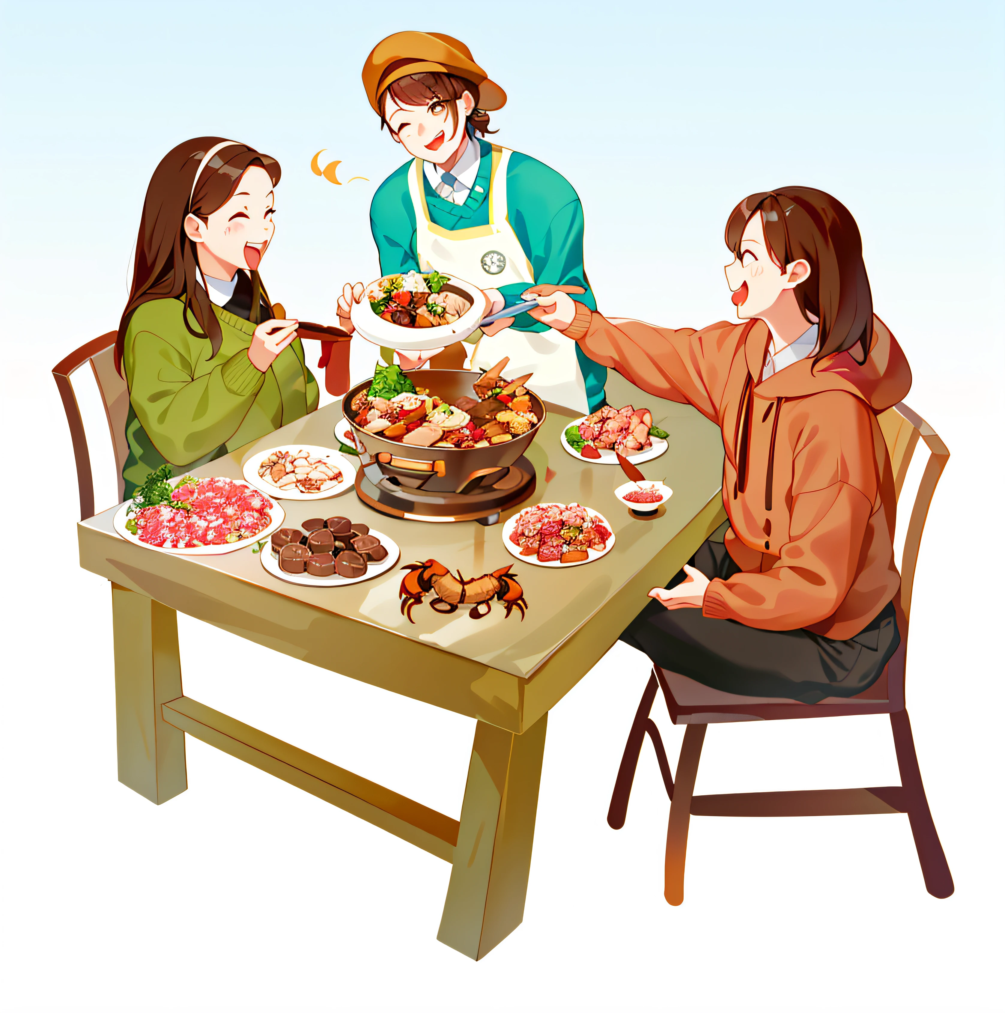 Havia duas mulheres sentadas em uma mesa，Carregando um prato de escorpiões de ovelha, As pessoas lá dentro estão comendo fondue, jantar em família, as pessoas estão comendo, pessoas na mesa, Comer carne, ilustração colorida, todo mundo se divertindo, pessoas lá fora comendo refeições, a mesa está cheia de comida, pessoas sentadas em mesas, grupo sentado à mesa, em uma mesa de jantar, apetitoso, comendo