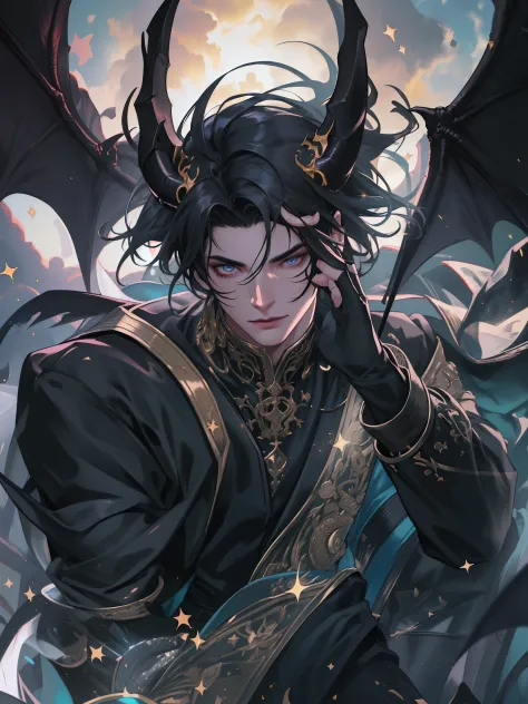 1 Male Demon Realm Supreme, quality photo,Black color hair,Masterpiece level,Picture-perfect face,Intricate details,night sky ba...