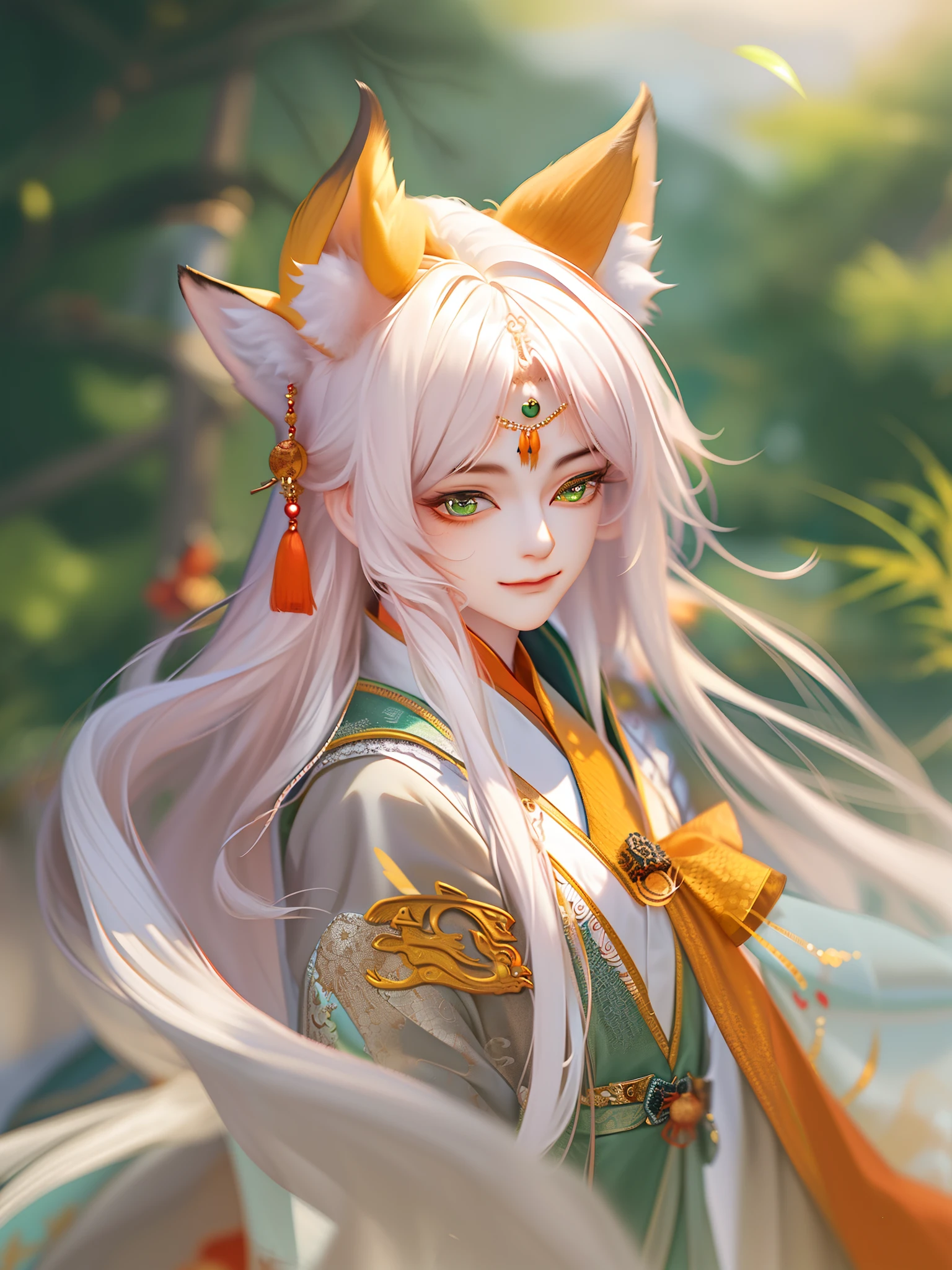 Best quality at best，tmasterpiece，very detailed wallpaper，long whitr hair，Beast pupils，Green eyes，Hide arms，bblurry，longer sleeves，blur backgroun，独奏，1boy，Orange hair，fox ear，Chinese outfit，malefocus，looking at viewert，robe，hair adornments, ssmile