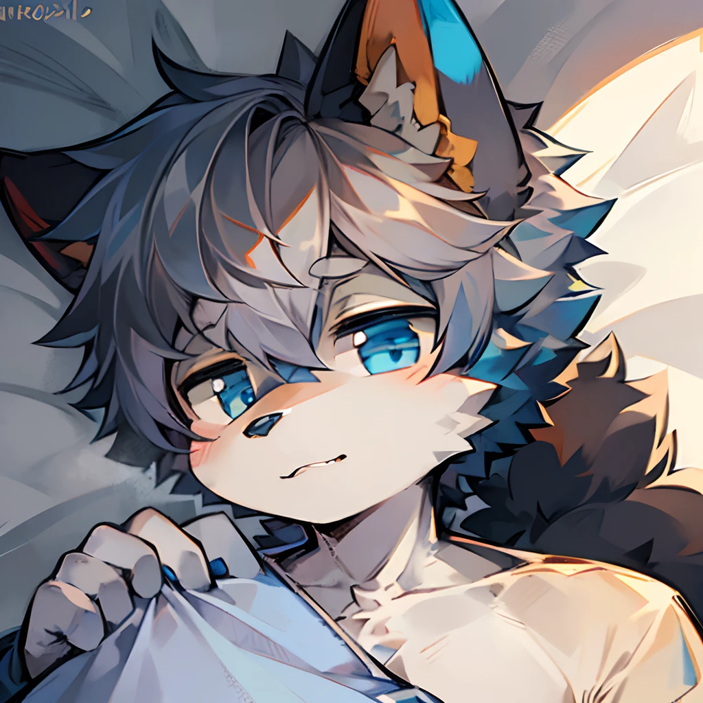 ((Solo)), charming scene of a (Furry furry) (o cachorrinho_Boy:1.5),，Just woke up in bed！！Just woke up in bed！！Just woke up in bed！！Q version！！Q version characters！！eyes with brightness，Gray hair，blue color eyes，Cute drawing style，high saturated！！Furry male wolf, Male orange peel, blue color eyes, Gray hair(The long）