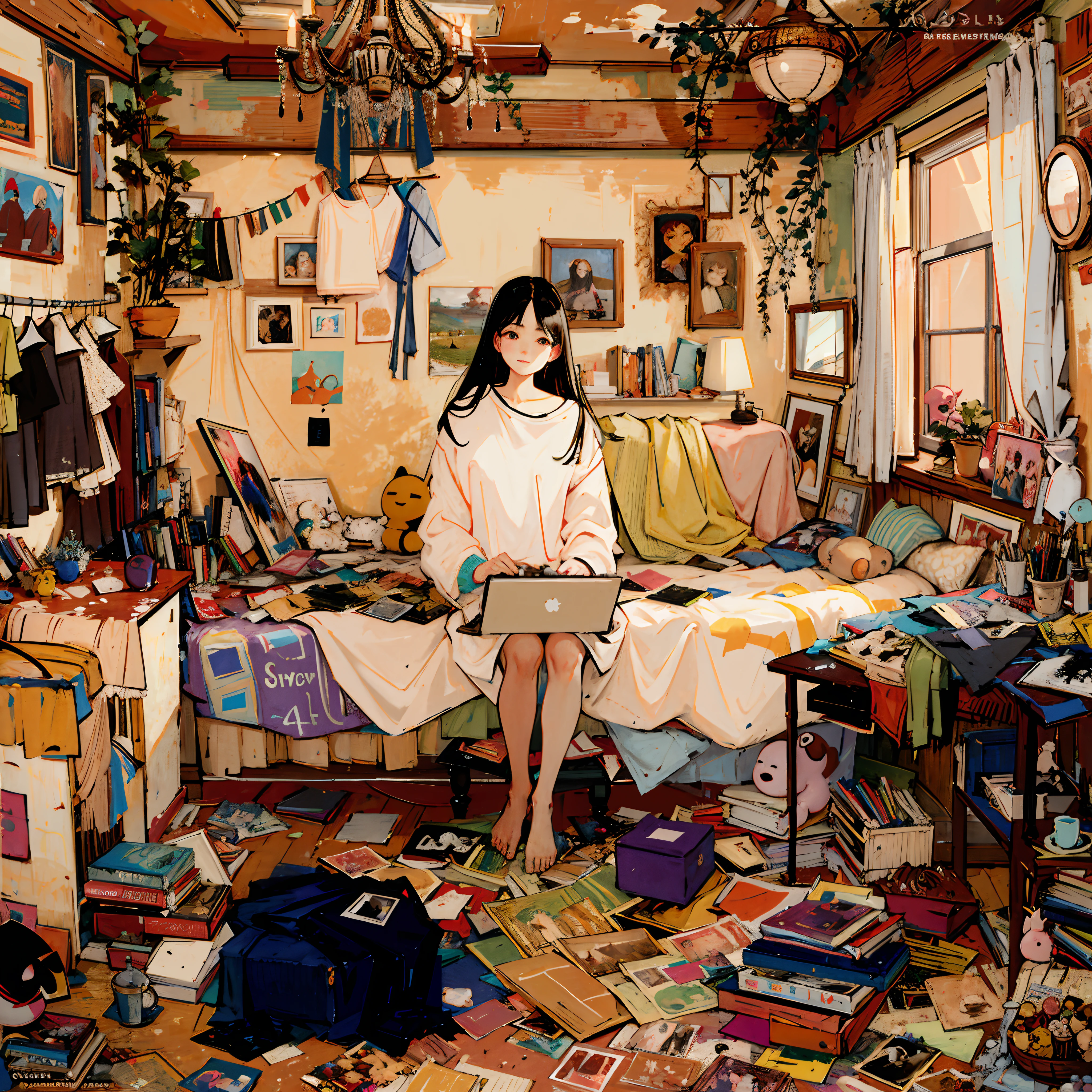 painting of a woman sitting on a bed in a messy room, denis sarazhin, deep dream, botticelli and victo ngai, in a room, its a deep dream, messy room, in her room, james jean andrei riabovitchev, in small room, by Shao Mi, by Hovsep Pushman