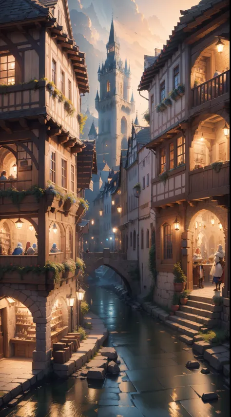 dnd best quality masterpiece atmospheric digital painting artwork 4k 8k highly detailed colorful wealthy (beautiful winding medieval city street:1.2) stone plaster shops taverns people market horses (bright morning light:1.1) particles sunny blue sky mat p...
