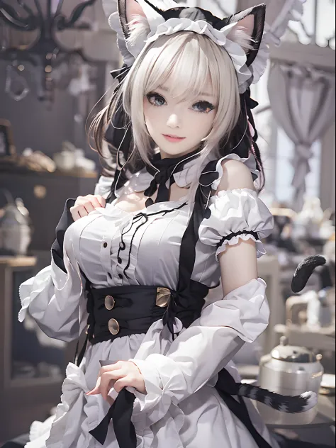 Cat ear details，Seductive eye details，black and white maid clothes，White scarf，Fair and delicate skin，The tail is exposed，Pounce...
