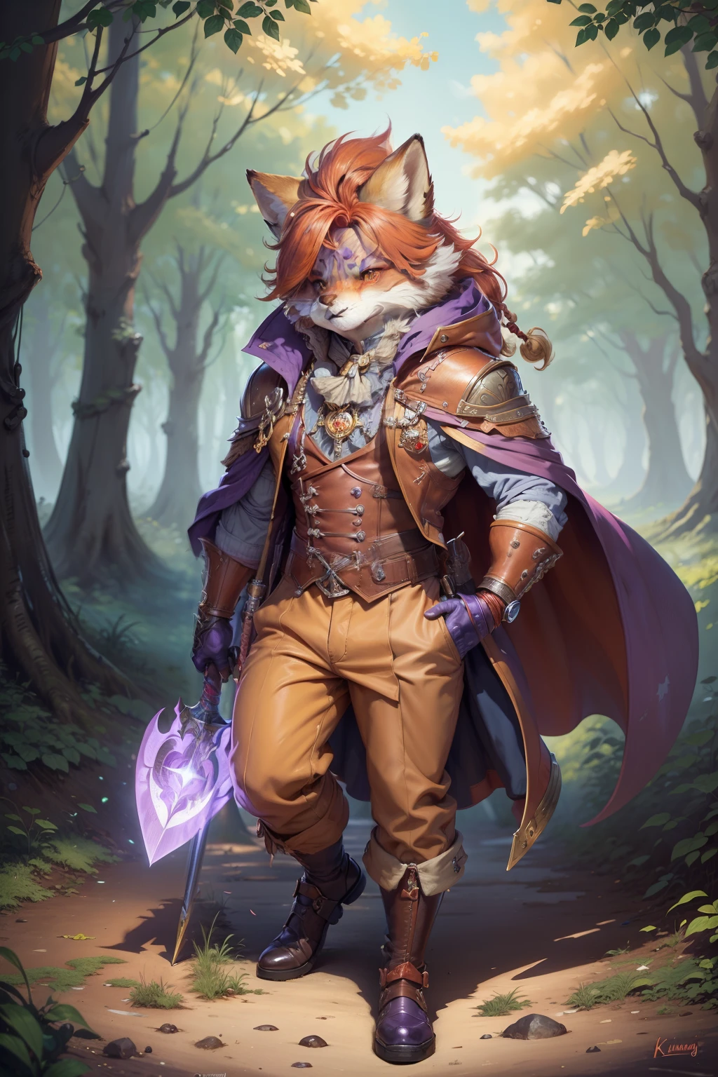 Hyperdetailed painting, Jean-Baptiste Monge style, anthropomorphic fox, musketeer, , (dynamic hair color), (fine red clothes, with a purple cape), kubrik gaze, , greaves, wielding a rapier, high quality, , body fitness, Full Body, Long Hair with Braids, In the woods