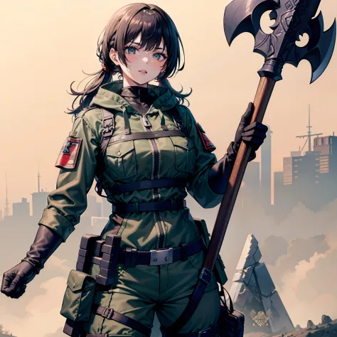 mulher pequena, cabelos e olhos castanhos, wearing military tactical clothing, holding axe with one hand