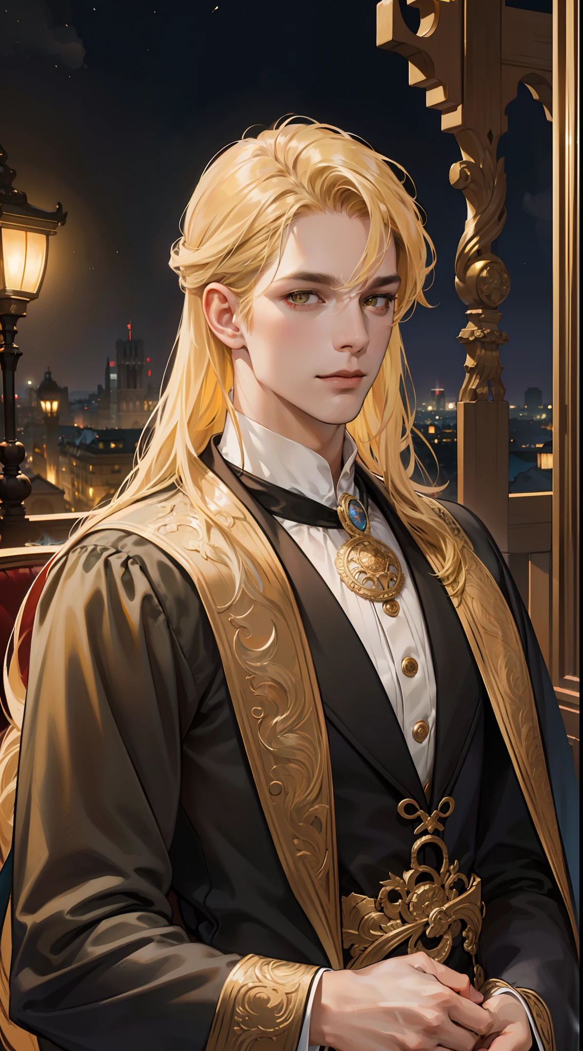 undercucho Close Portrait of Elegant Person [undercucho] in bespoke MAN suit: tall muscular man, classic style, intricate detial baroque, elegant, bright lights, highly detailed, digital painting, artstation, concept art, soft and sharp focus, portrait , illustration, art by wlop, mars ravelo and greg rutkowski (High detail skin: 1.2), 8k uhd, DSLR, soft lighting, high quality, film grain, Fujifilm XT3 mix4, male model, (((1 MAN))) suit, seductive, Florence, Italy background, (((/LOOKING AT THE VIEWER/))) ((((TANGLED BLONDE HAIR))) (((LONG BANGS))) (((YELLOW EYES))) (((DELIGHTED LOOK))), SMILE, MYSTERIOUS AURA, night, bokeh, depth of field, (upper body: 1.0), best quality, intricate details, detailed eyes, masterpiece, film grain, 1900s, kodakchrome, flashlight, strange smoke around him, MASTERPIECE