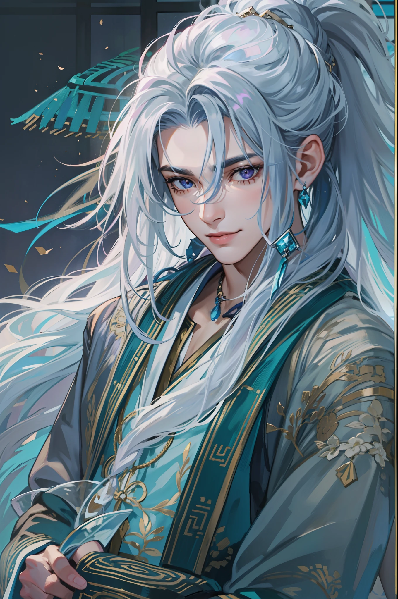 Best quality at best，tmasterpiece，very detailed wallpaper，Long hair in a ponytail，Purple eye，Hide arms，bblurry，longer sleeves，blur backgroun，solo，1boy，mature，Handsome and handsome，blue hairs，Chinese outfit，Righteous handsome feeling，malefocus，looking at viewert，long sword，gown，hair adornments, ssmile，facial closeups，Face portrait，clubs，Ice