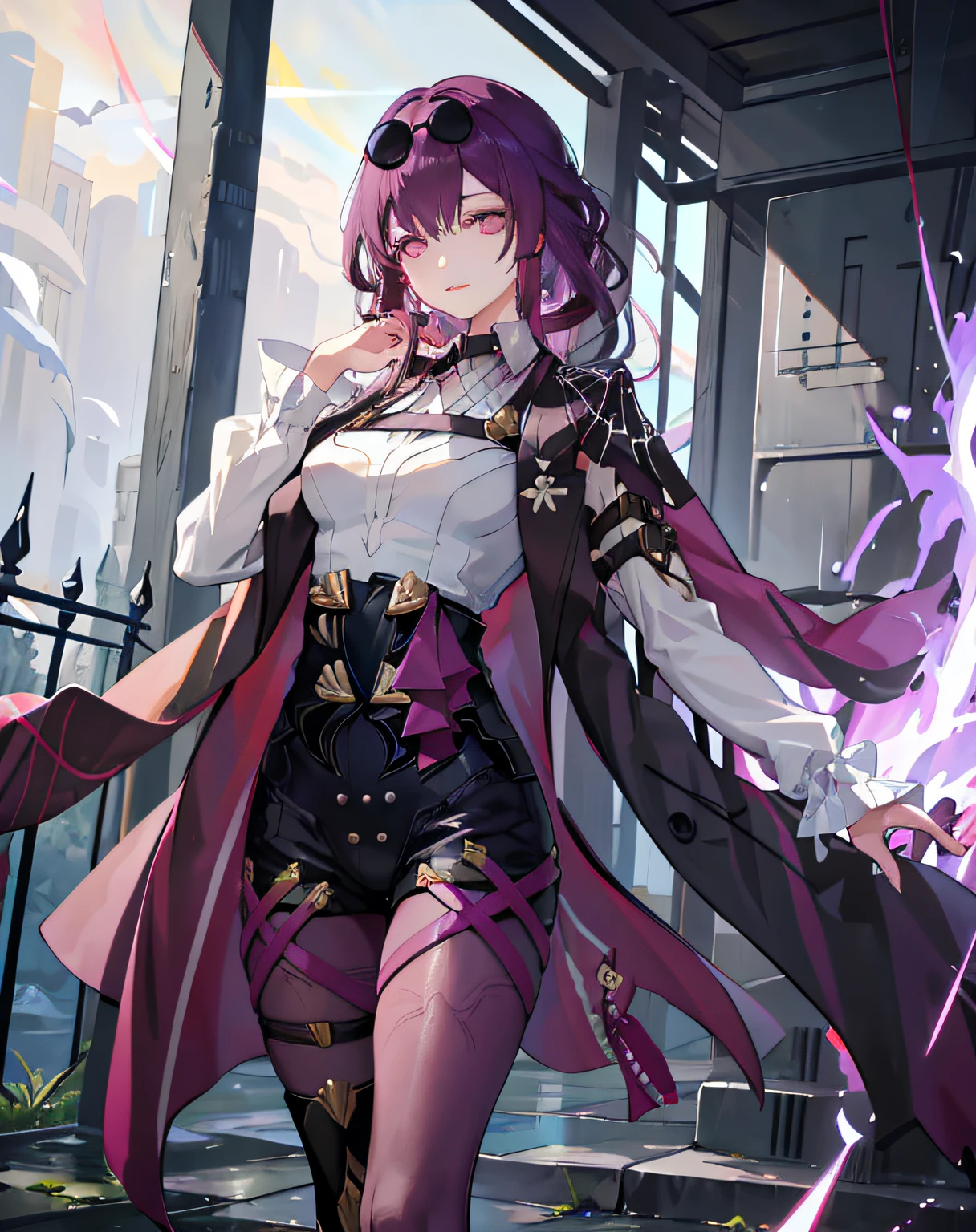 tmasterpiece,1girl,mail over eyes,widow,Purple colored hair，Purple eye,graveyard,rain,wet,standing，Look at the other person，1girll, KafkaHKS, sunglasses, eyewear on head, Jacket, White shirt