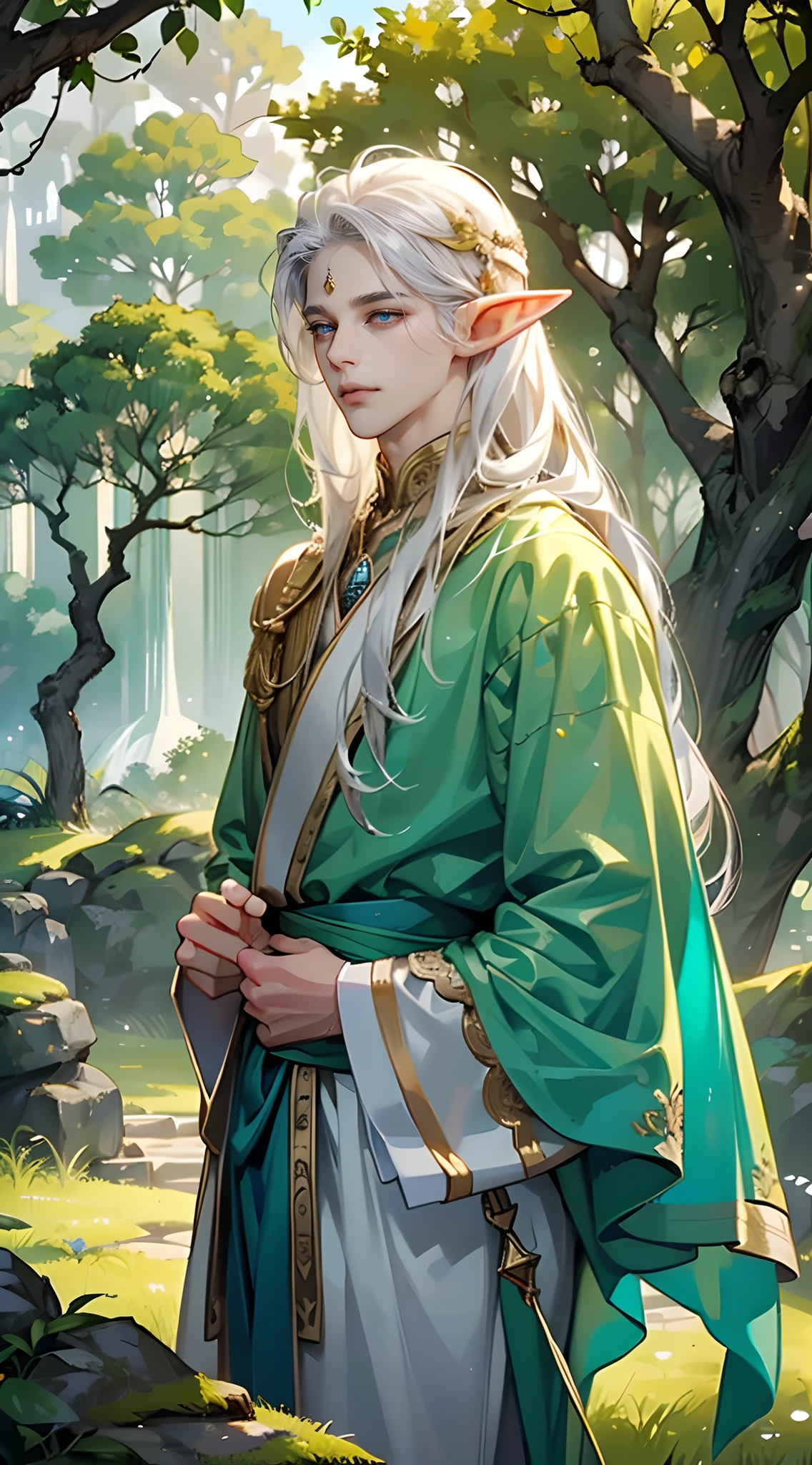 (tmasterpiece, high resolution, ultra - detailed:1.0), (1 boy, young male), eyes looking at camera, perfect male body, (Elf King:1.3), adult Male, delicate eyes and delicate face, extremely detailed CG, 8k wallpaper, complicated details, solo person, detailed face, (half closed eyes, handsome face, sliver long hair, white silk robe, jewelry crown, show forehead), virgin forest, elf costumes, Ancient trees, waterfallr, natural light and shadow, color difference, depth of field, dramatic shadow, ray tracing, best quality, cinematic lighting, offcial art, portrait
