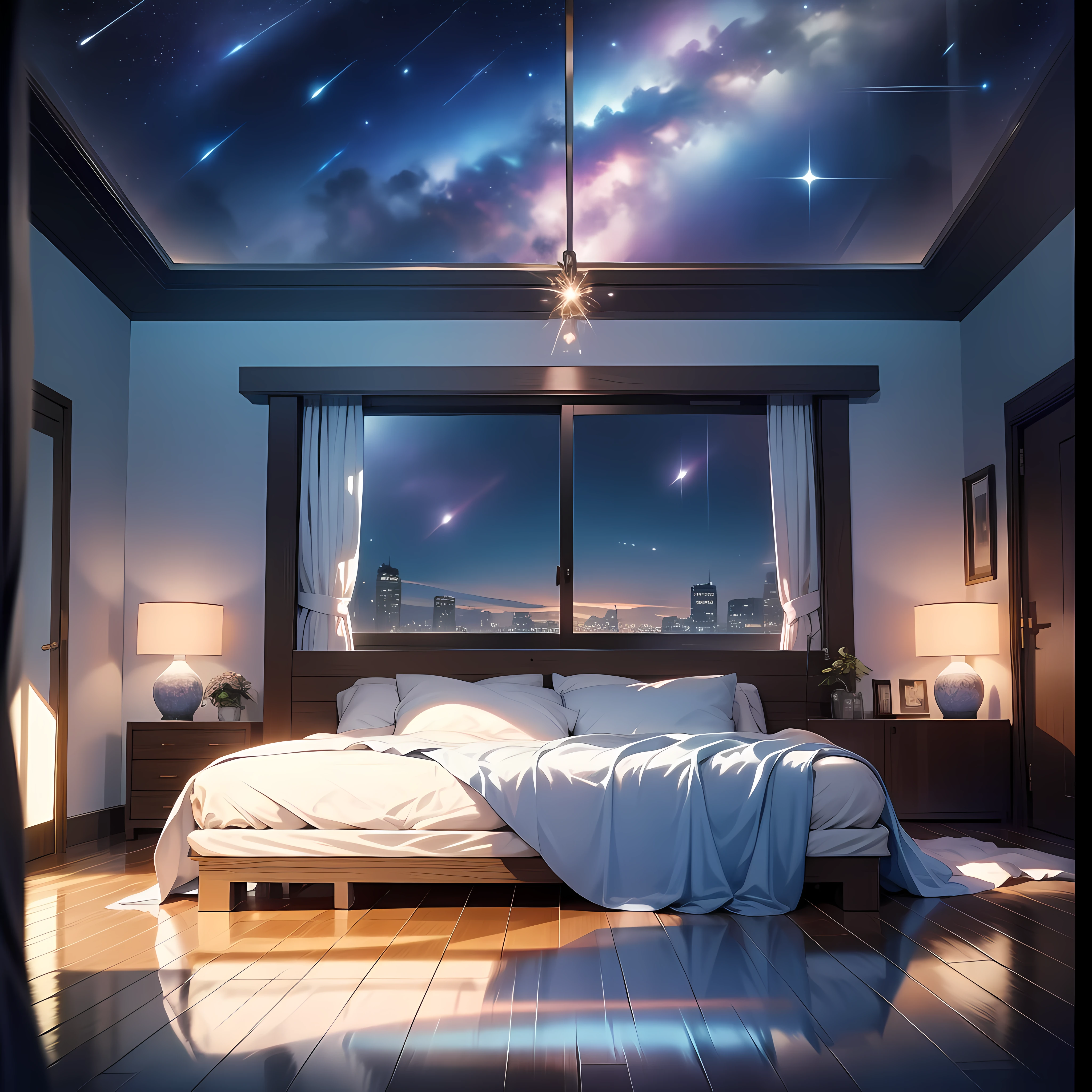 A gorgeous bed，Floor-to-ceiling night lights illuminate part of the room，Floor-to-ceiling transparent glass doors，Outside is a beautiful starry sky，Dark atmosphere