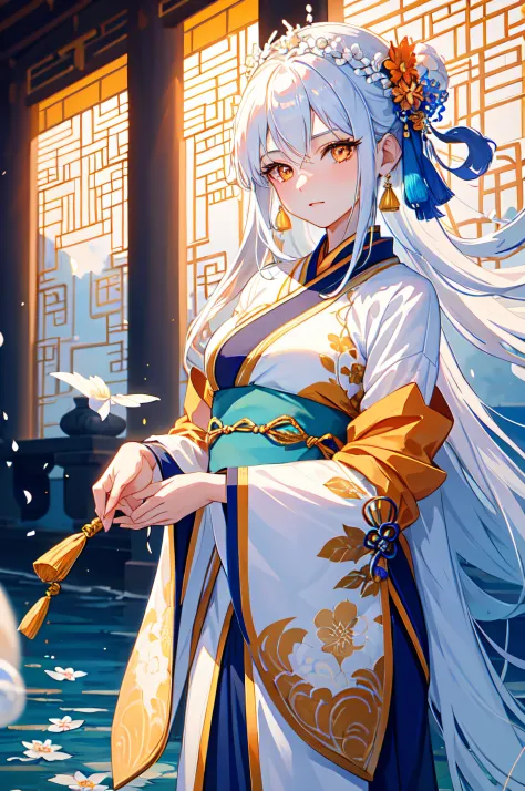 Mature girl , orange eyes, blue and white hair color, floating hair: 10, delicate and smart eyes, intricate damask hanfu, gorgeous accessories, wearing pearl earrings, fov, f/1.8, masterpiece, ancient Chinese architecture, blue sky, flower petals flying, f...