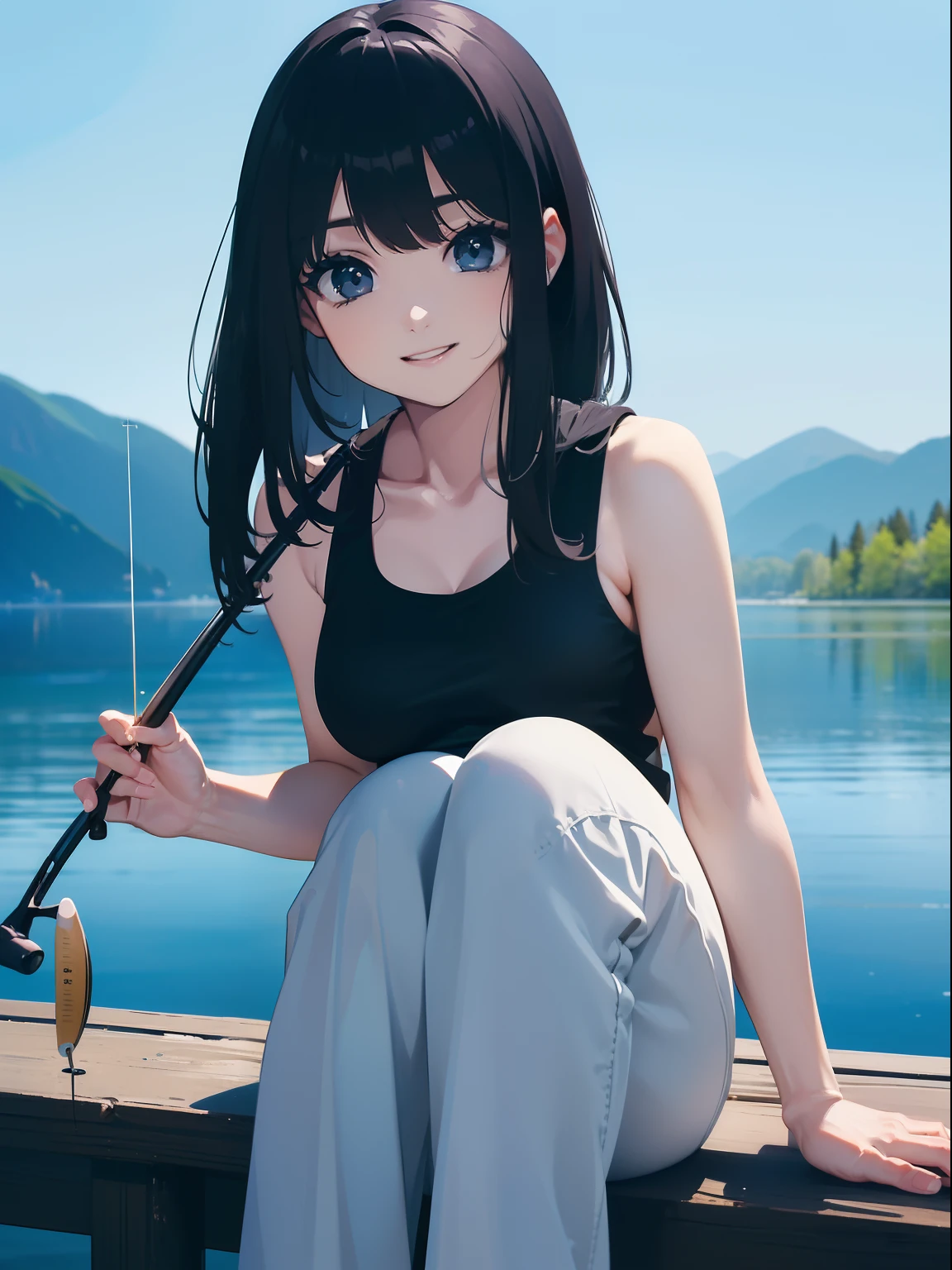 (((Having a fishing rod by the lake))),((Best quality, 8k, Masterpiece :1.3))black hair, longeyelashes, solid circle eyes, light smile, drop shadow, atmospheric perspective, 8k, super detail, ccurate, best quality, small breasts,black jacket, Black Tank Top ,white_pants,