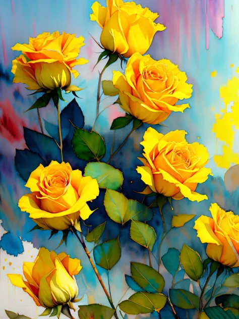 wtrcolor style, digital art of (yellow roses), official art, blown by the wind, masterpiece, beautiful, ((watercolor)), splashes...