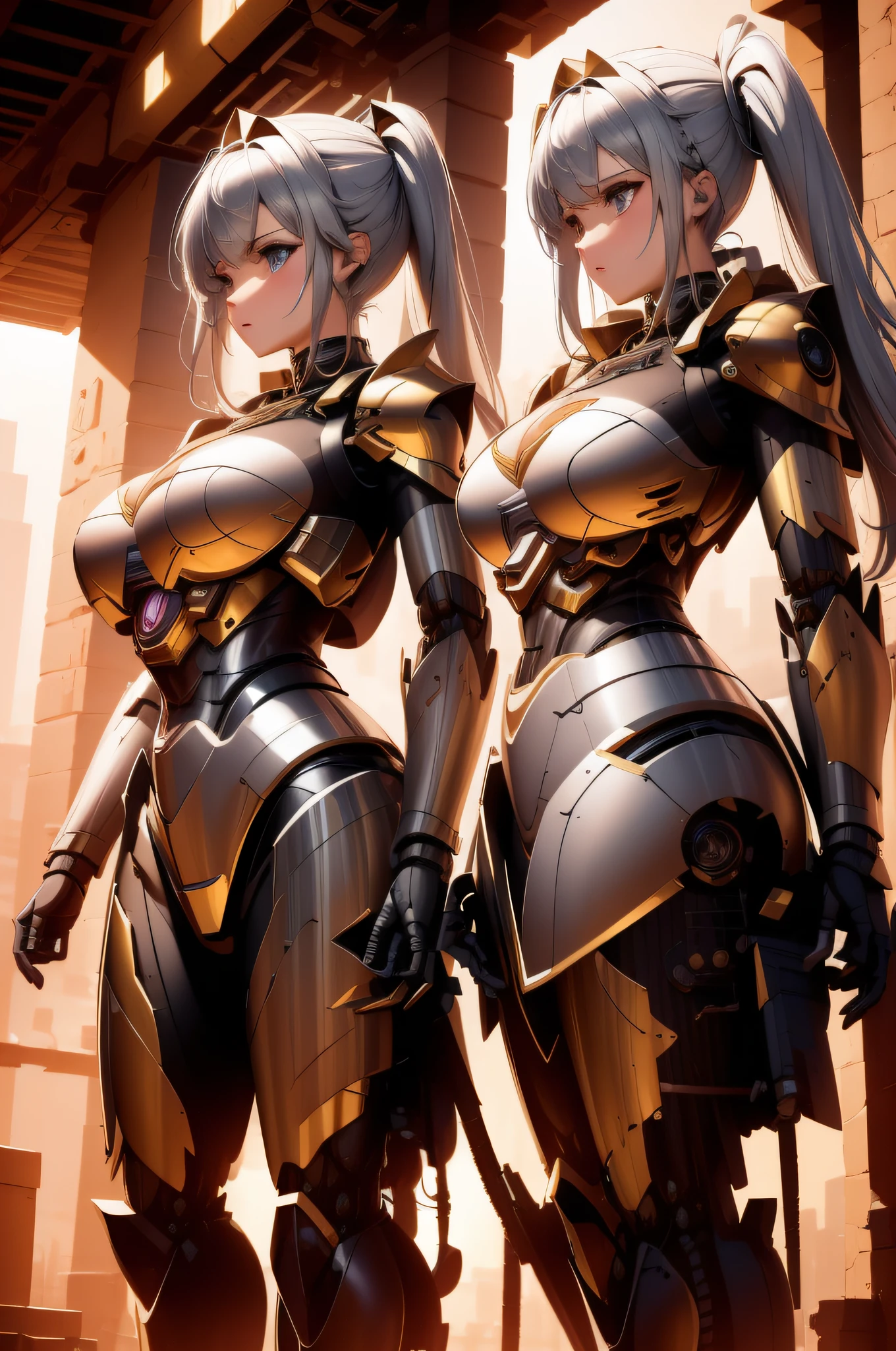 masterpiece,best quality,extremely detailed CG unity 8k wallpaper,2 girl,large breast, mecha armor, mecha body , high res,