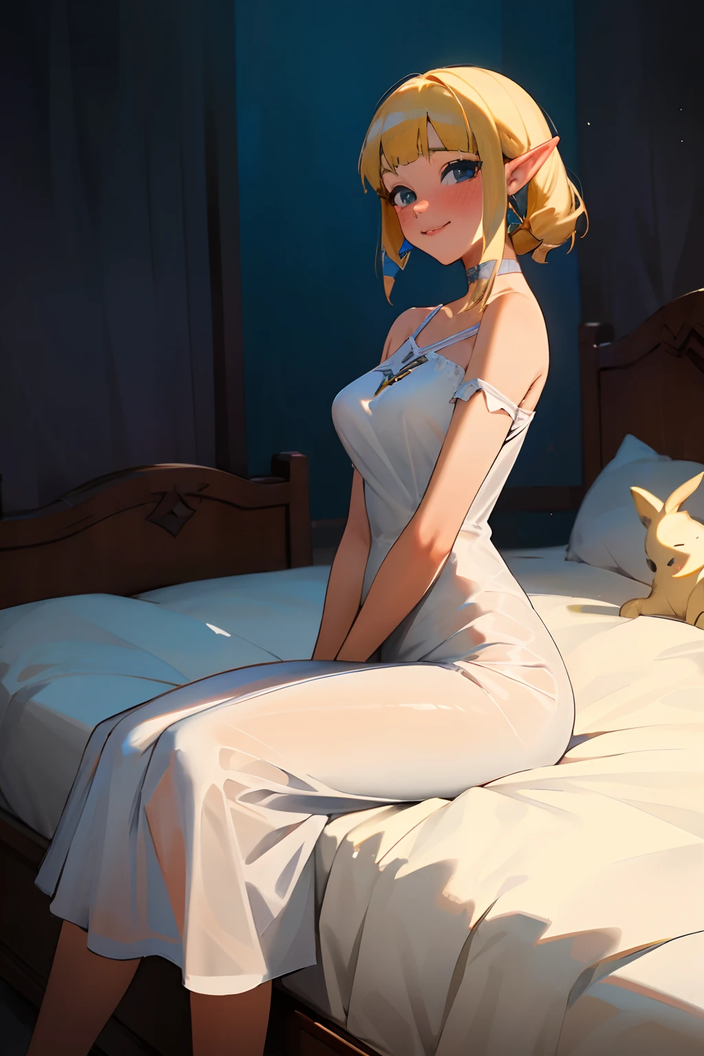 masterpiece, best_quality, (woman:1.8), (adult:1.67), solo, princess zelda, the legend of zelda, sksw, silk, white dress, large luxury bedroom, nightgown, short dress, collar, choker, (bare shoulders), blushing, (straight back), (legs together),(smiling:0.7),(blushing:0.7), (facing viewer), (looking at viewer), thin, translucent, see-through, stockings,  sitting on bed, (large breasts), (from below:0.1), (shy:0.9)