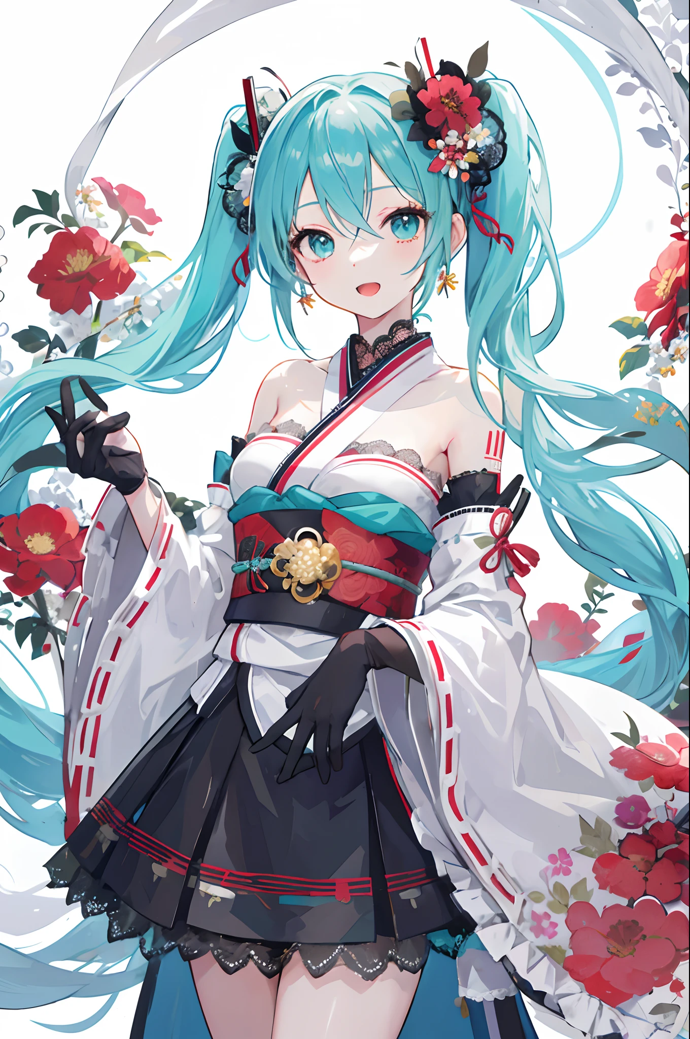 1girl, hatsune miku, solo, gloves, long hair, hand fan, twintails, flower, japanese clothes, hair ornament, white background, holding, very long hair, black gloves, lace gloves, simple background, hair flower, folding fan, kimono, lace, holding fan, open mouth, red flower, wide sleeves, sash, lace trim, smile, floral print, aqua eyes, tassel, bare shoulders, earrings, cowboy shot, jewelry, aqua hair, hair between eyes, obi, aqua skirt, skirt, strapless, looking at viewer, detached sleeves, detached collar, striped, frills, bangs