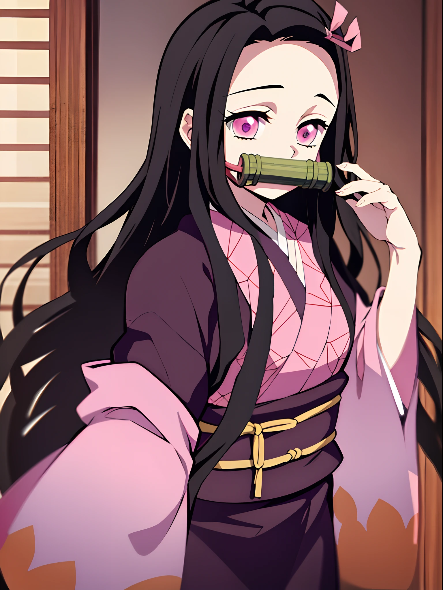 Kamado Nezuko, À la manière de Kimetsu no Yaiba, 1fille, cheveux noirs, front, hair ruban, vêtements japonais, kimono, cheveux longs, cheveux multicolores, yeux roses, kimono rose, pink ruban, ruban, very cheveux longs,  bâillonné, petit gag,  ((chef-d&#39;œuvre))