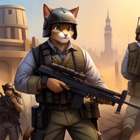 Cat, soldiers, vest, helmet, gun ak47