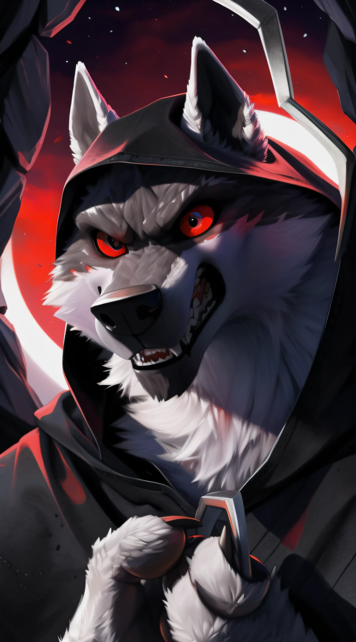 deathwolf, 1boy, solo, colored sclera, red eyes, furry, big long black old torn cloak, put on a black hood, white fur, face close up shot, anthro, (frown:1.2), (angry:1.5), (opened wide eye:1.5), hand holding sickle, (looking forwards:1.5) , male, muscular, tall, muscular anthro, muscular male, aged up, hi res, 8k hd, extreme detail, detailed background, dark cave, red sky, bright big moon, by Pino Daeni, (by ruaidri), by virtyalfobo