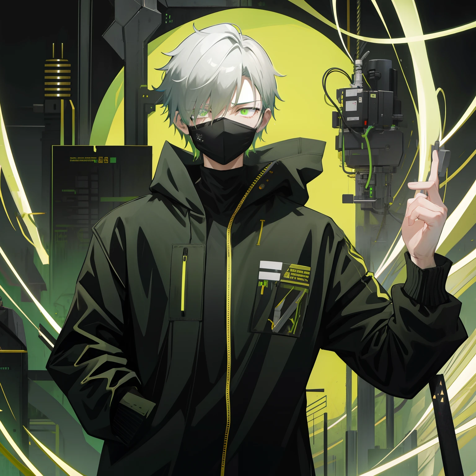 masterpiece, best quality, illustration, science fiction, black green theme, 1boy, solo, male focus, looking down at viewer, hands in pockets, skinny, detailed messy grey hair, glowing green eyes, black techwear coat, black mouth mask, wire, cable, (backlighting), hair_over_one_eye, night, darkness, upper body, gradient hair,