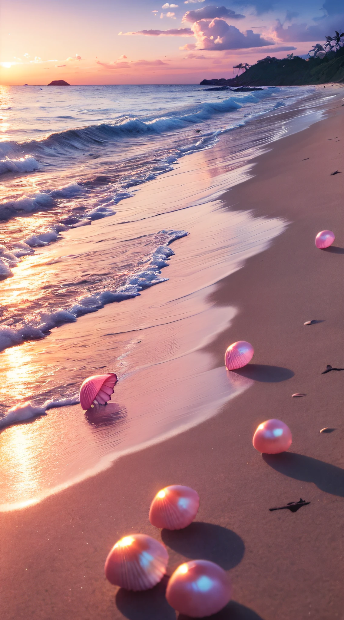 (8K, RAW photo, Best quality, masutepiece: 1.2), (Realistic, Realistic: 1.37) There are many pink shells on the beach, there are waters, Pearlescent, pearls and shells, Soft spill, pearls, Pink jellyfish are everywhere, Soft 3D rendering, Ethereal bubbles, Bubble landscape, Elay shader, pastel pink, Pink reflections, Pearl Sky, shells, Paradise pink, Pastel colors, Pink pastels,