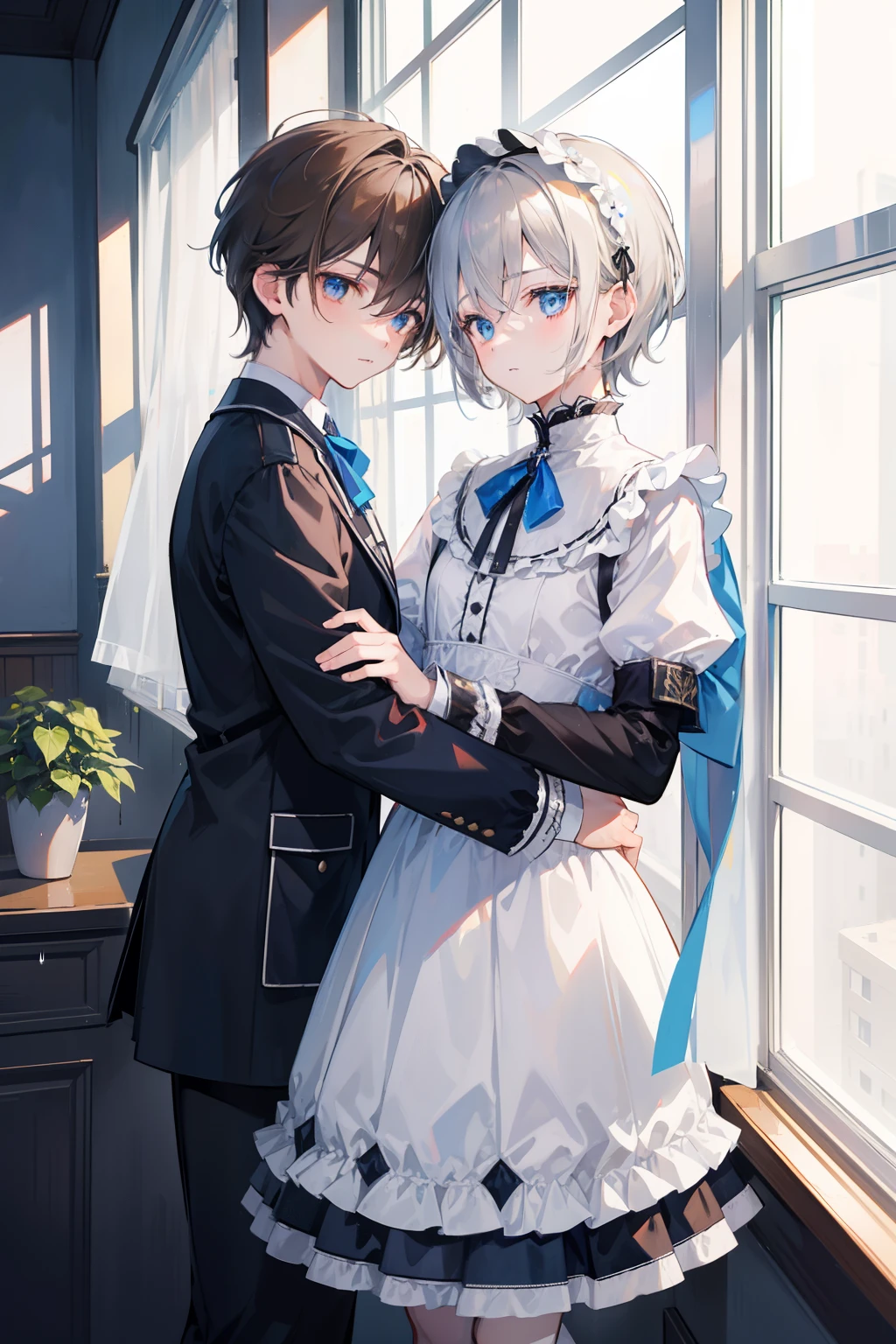 Anime couple in maid dress standing by window with arms crossed - SeaArt AI