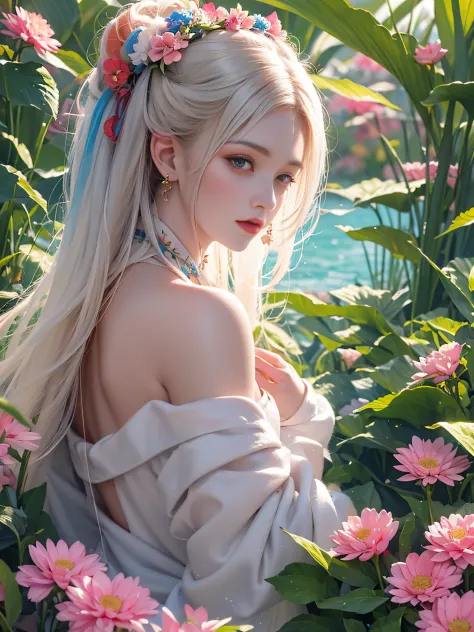 a woman, with plants around it, style of kitsch aesthetic, exotic, high-angle, pastel-colored scenes, i can't believe how beauti...