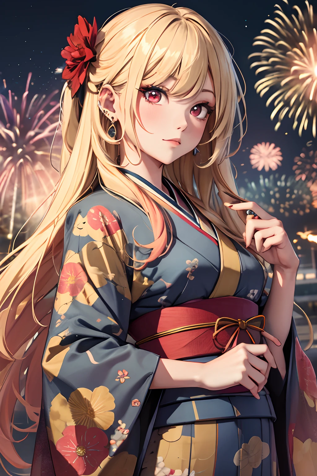 Meisterwerk, beste Qualität, highres, kitagawa marin, 1 Mädchen, blondes Haar, lange Haare, mehrfarbige Haare, rote Augen, Schmuck, Ohrringe, Piercing, Kimono,Feuerwerk,