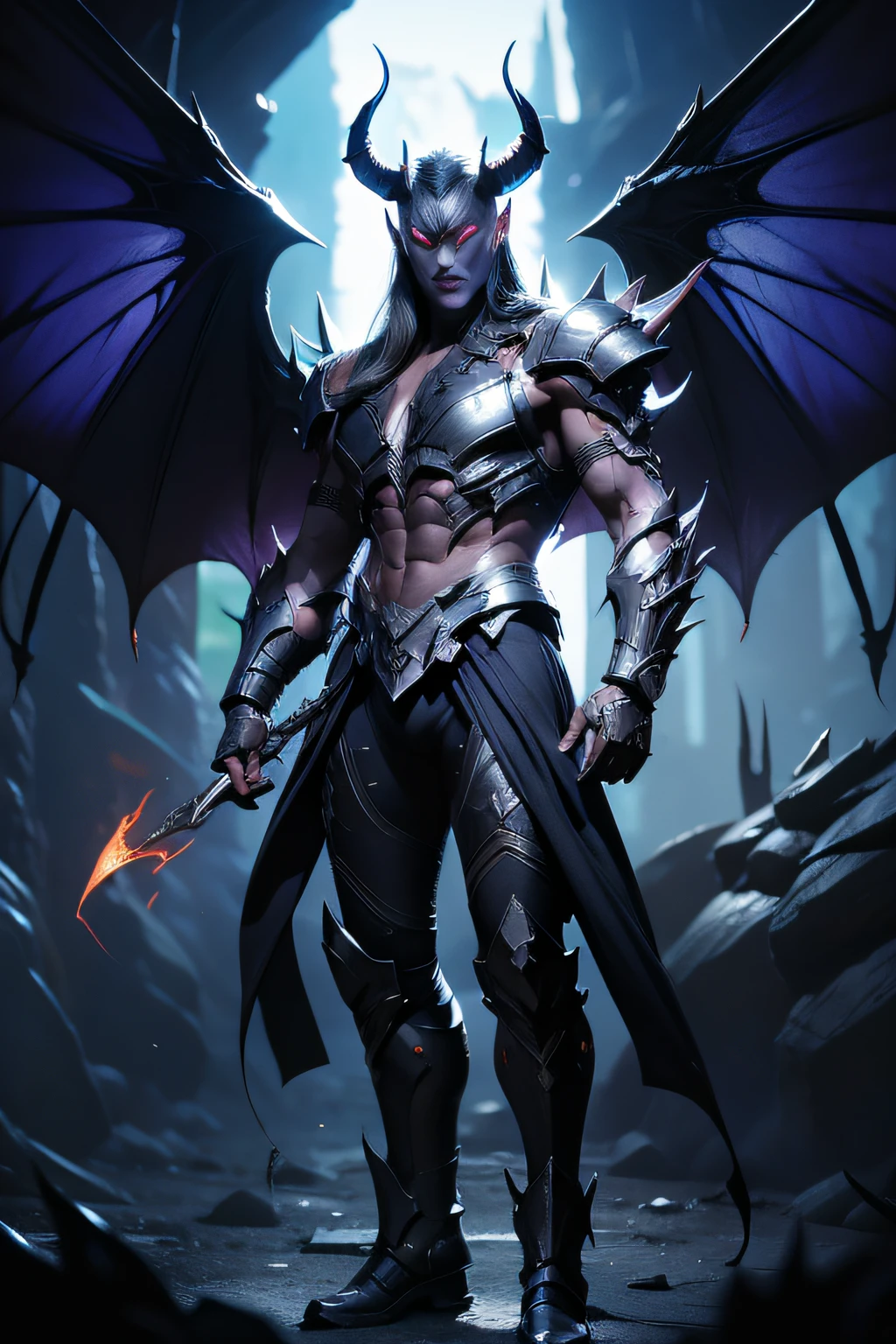 Demon King, male people, Magical style, Full body like, Diablo style, The Devil Devil, musculature, Strong, Exaggerated shoulder armor, Exaggerated arm armor, Heavy armor, Exaggerated armor design, A huge piece of shoulder armor, Demon design elements, Black-purple tones, The muscles on the body are connected to the armor, Demon Warframe, There are devil's wings on the back, Meat wings, Demon's wings, conceptual art, Cinematic lighting, shadowing, anaglyph, hyper HD, Masterpiece, Textured skin, Anatomically correct, Best quality, A high resolution, 8K, 4K