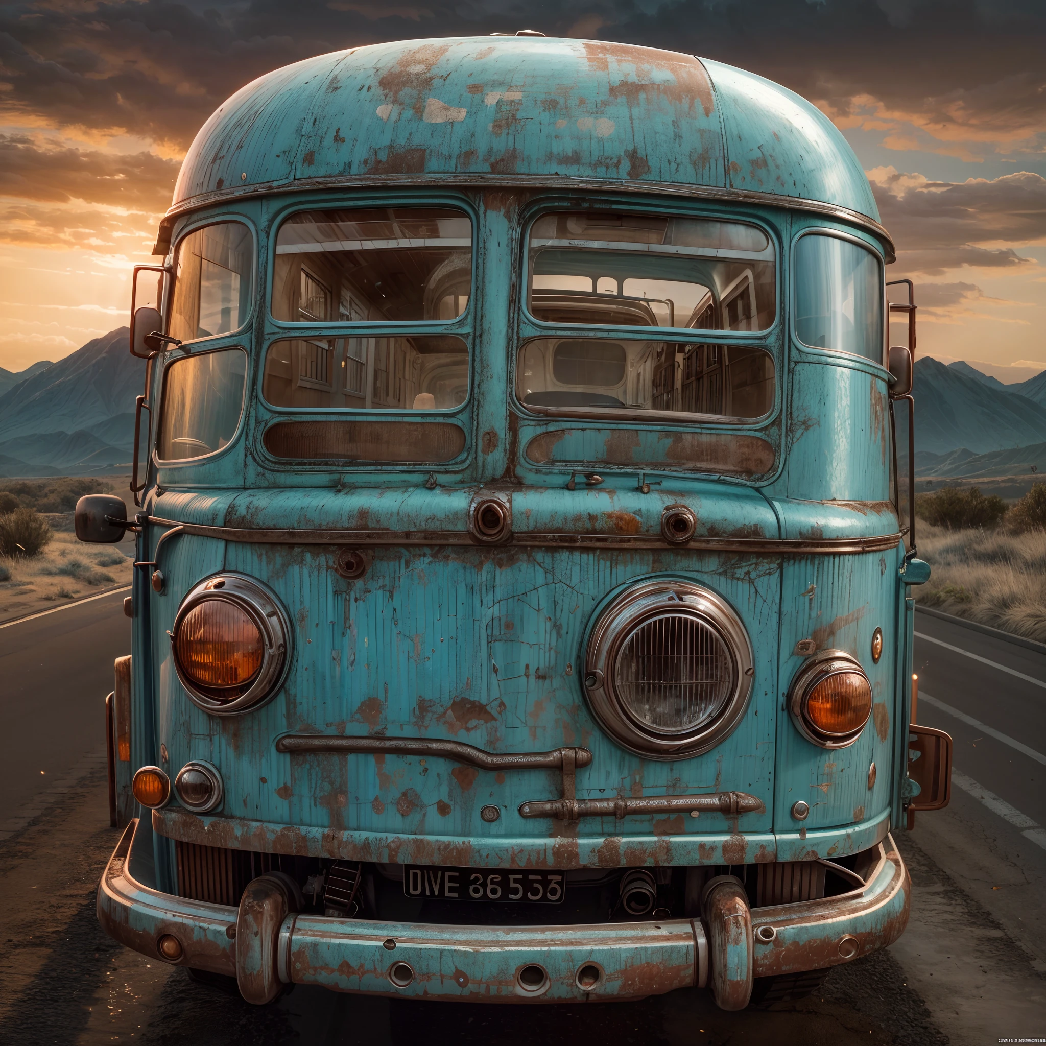 Erfassung einrichten, beliebter hellblauer Vintage-Bus, Objektfokus, verbeulte Metall- und Emailleflanke, Sanfter rosa-orangefarbener Sonnenuntergang, der von Windschutzscheibe und Chassis reflektiert wird, nach Westen reisen, Weite Landschaft, Bewegungs- und Reisegefühl, Hoffnung und Widerstandsfähigkeit, Meisterwerk, Meisterwerk, sorgfältig, intim, nuanciert, höchste Qualität, höchste Wiedergabetreue, Höchste Auflösung, highres, höchste Detailliertheit, hyperdetailliert, Detailverbesserung, sehr detailliert, uhd, HDR, fhd, 8k, 16k, 32k, k, Ätzmittel, Untergrundstreuung, Hoher Dynamikumfang, dynamisches Tone Mapping, [Spiegelreflexion], [Subpixel-Faltung], [oxidetech], [rostiger Stahl]