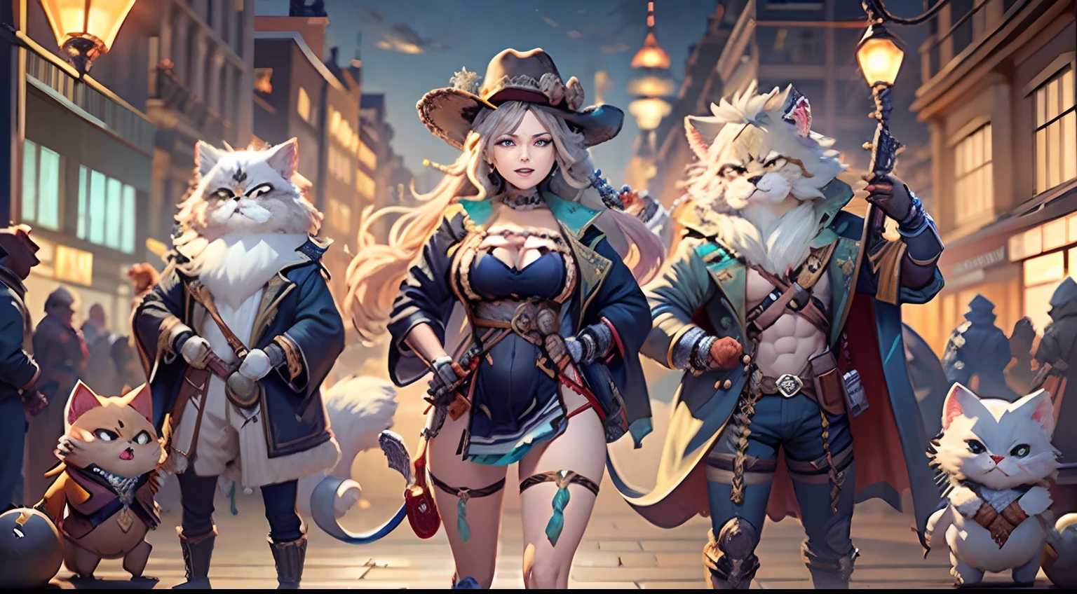 a couple of persian cat Anthropomorphic, , ,, , with his dress with intricate ornamentation orange and purple ,with a cowboy hat ,, , highest quality,, very angry face, greaves, playing an electric guitar, high quality, body fitness, full body, long hair with braids, octopath traveler, romance book cover, boris valejo. octopath traveler, octopath traveller style, hands holding big glowing orbs, artbook artwork, full art illustration, official art, official artwork hdr, promotional art, character album cover, light novel cover art, official artwork, romance novel cover