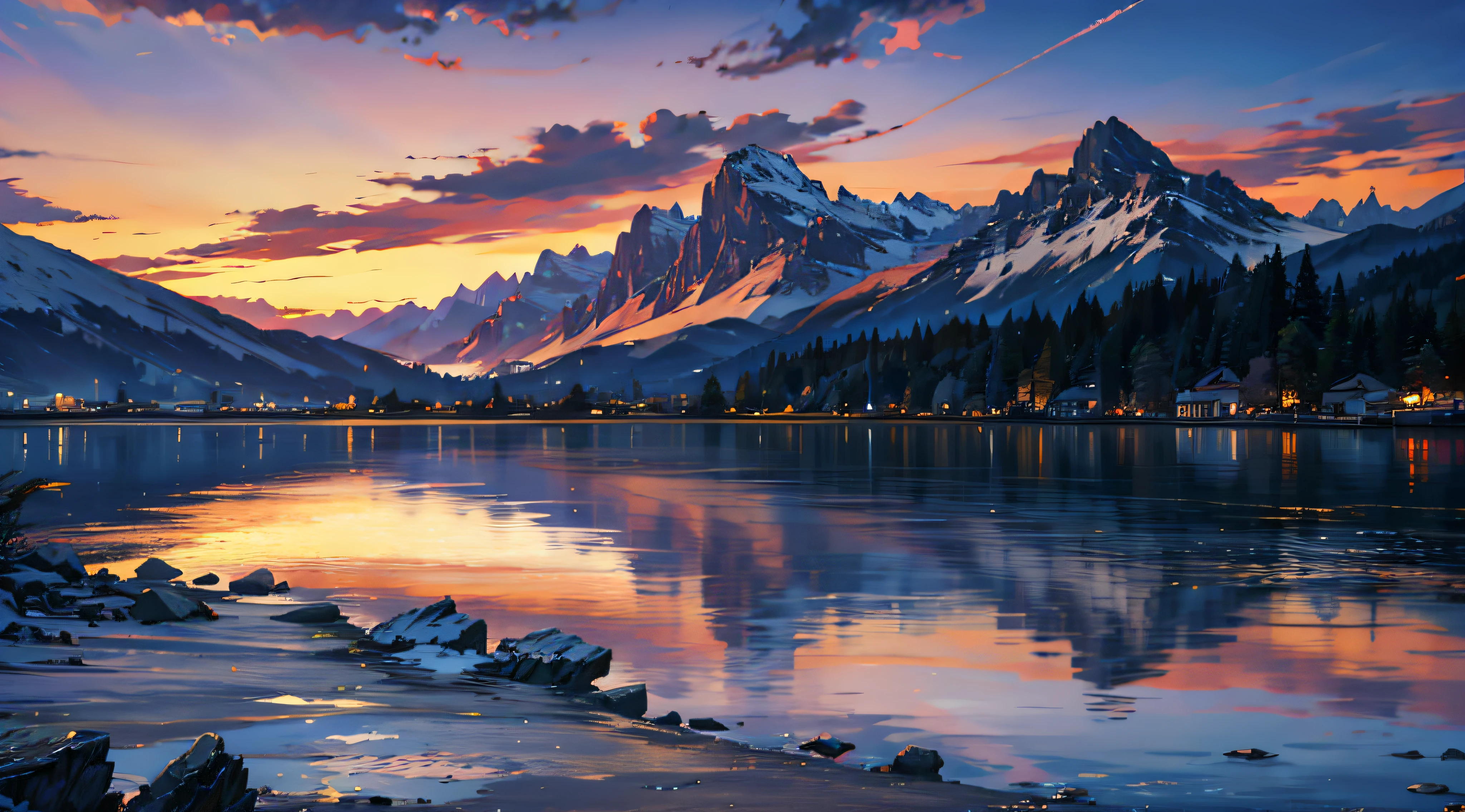 Highest image quality，European twilight，High mountains in the distance，Lakeside building，beautiful cloud，Gorgeous lake，