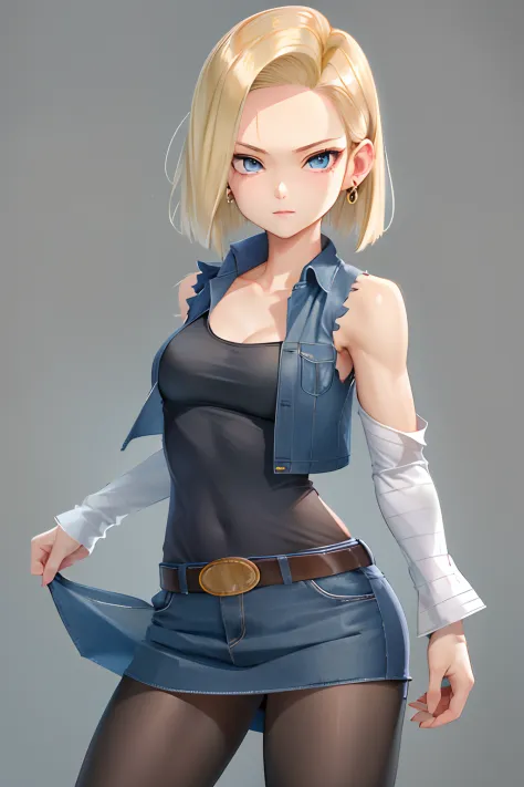 best quality, highres, and18, 1girl, android 18, solo, blonde hair, blue eyes, short hair, earrings, jewelry, denim vest, open v...
