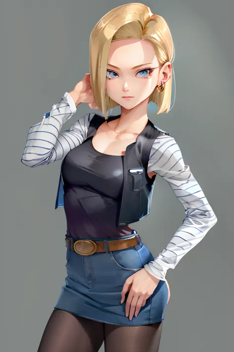 best quality, highres, and18, 1girl, android 18, solo, blonde hair, blue eyes, short hair, earrings, jewelry, denim vest, open v...