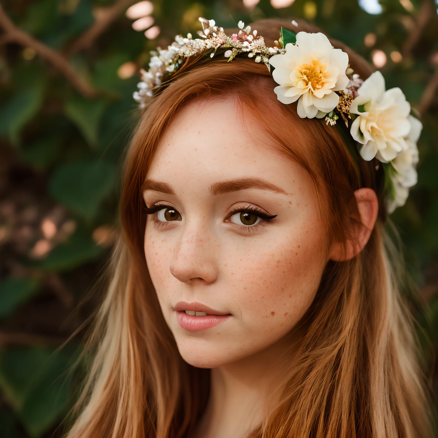 A portrait of cute redhead Flavia Sayuri, freckles, eyeliner, face focus, cute face, wearing a flower crown, head tilt, eye contact, photorealistic, hyperrealism, ultra detailed, sharp contrast,  high resolution, masterpiece, best quality, detailed background