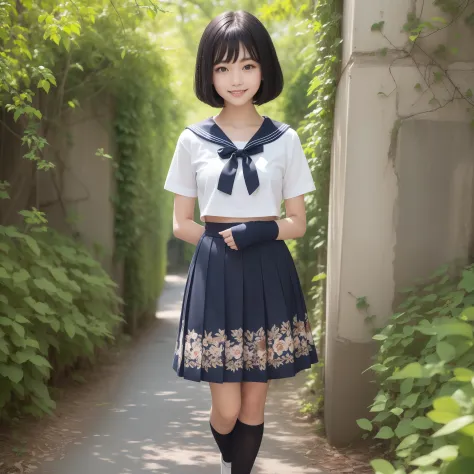 With the best image quality、Teenage girl standing outdoors。In high resolution、Beautiful fine details、tranquil atmosphere。(((Black hair bob hair)))、Cute smile。White short-sleeved sailor suit、Navy blue pleated skirt、Navy blue socks、Brown loafers