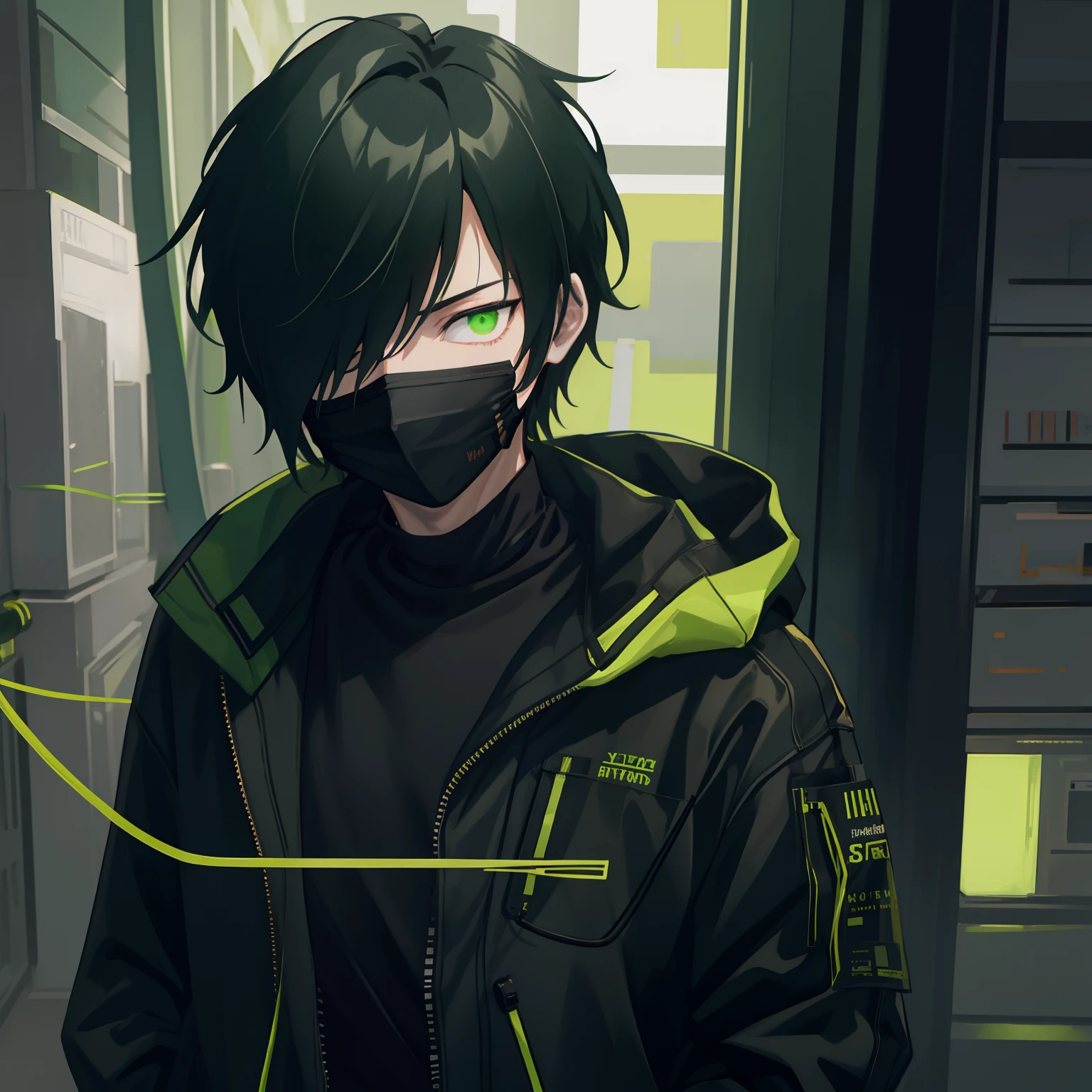 masterpiece, best quality, illustration, science fiction, black green theme, 1boy, solo, male focus, looking down at viewer, hands in pockets, skinny, detailed messy grey hair, glowing green eyes, black techwear coat, black mouth mask, wire, cable, (backlighting), hair_over_one_eye, night, darkness, upper body, gradient hair,