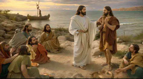 Modern portrait of Jesus speaking to his faithful disciples, cinematic lighthing, profundidade de campo, Bokeh, Realismo, fotorrealista, hiper-realismo, fotografia profissional, UHD, DSLR, HDR